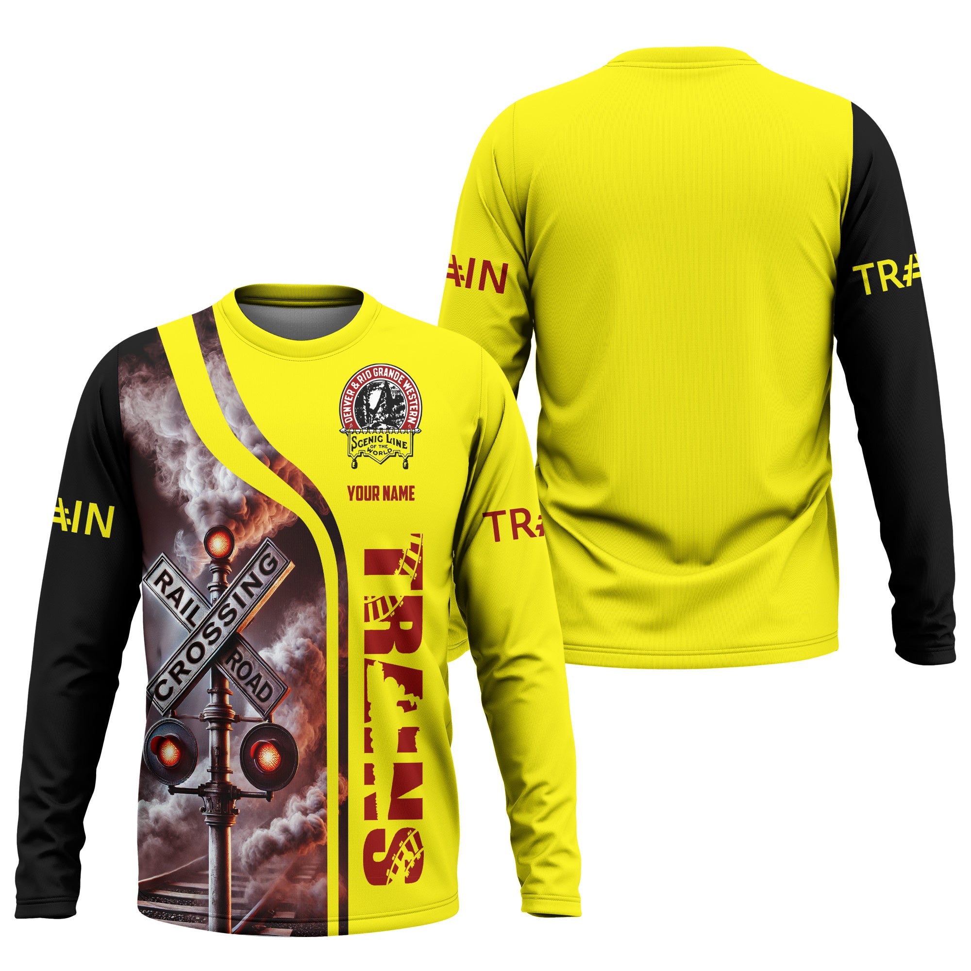 Railspirit Custom Name Denver and Rio Grande Western Railroad Long Sleeve Shirt Railroad Crossing Sign Printed Train Shirt