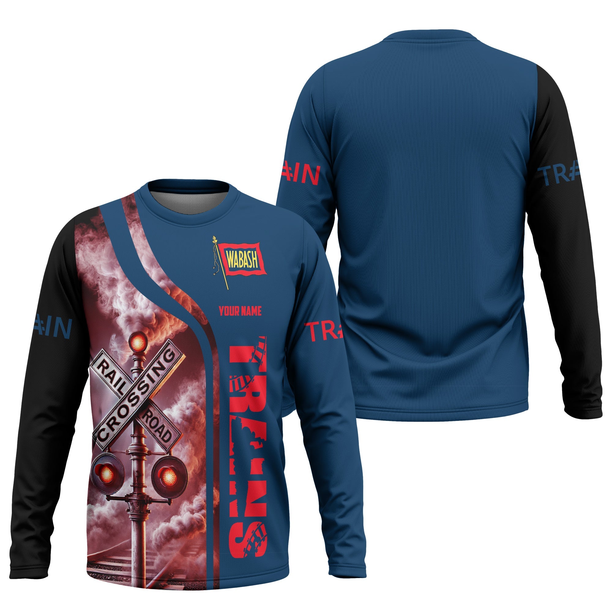 Railspirit Custom Name Wabash Railroad Long Sleeve Shirt Railroad Crossing Sign Printed Train Shirt