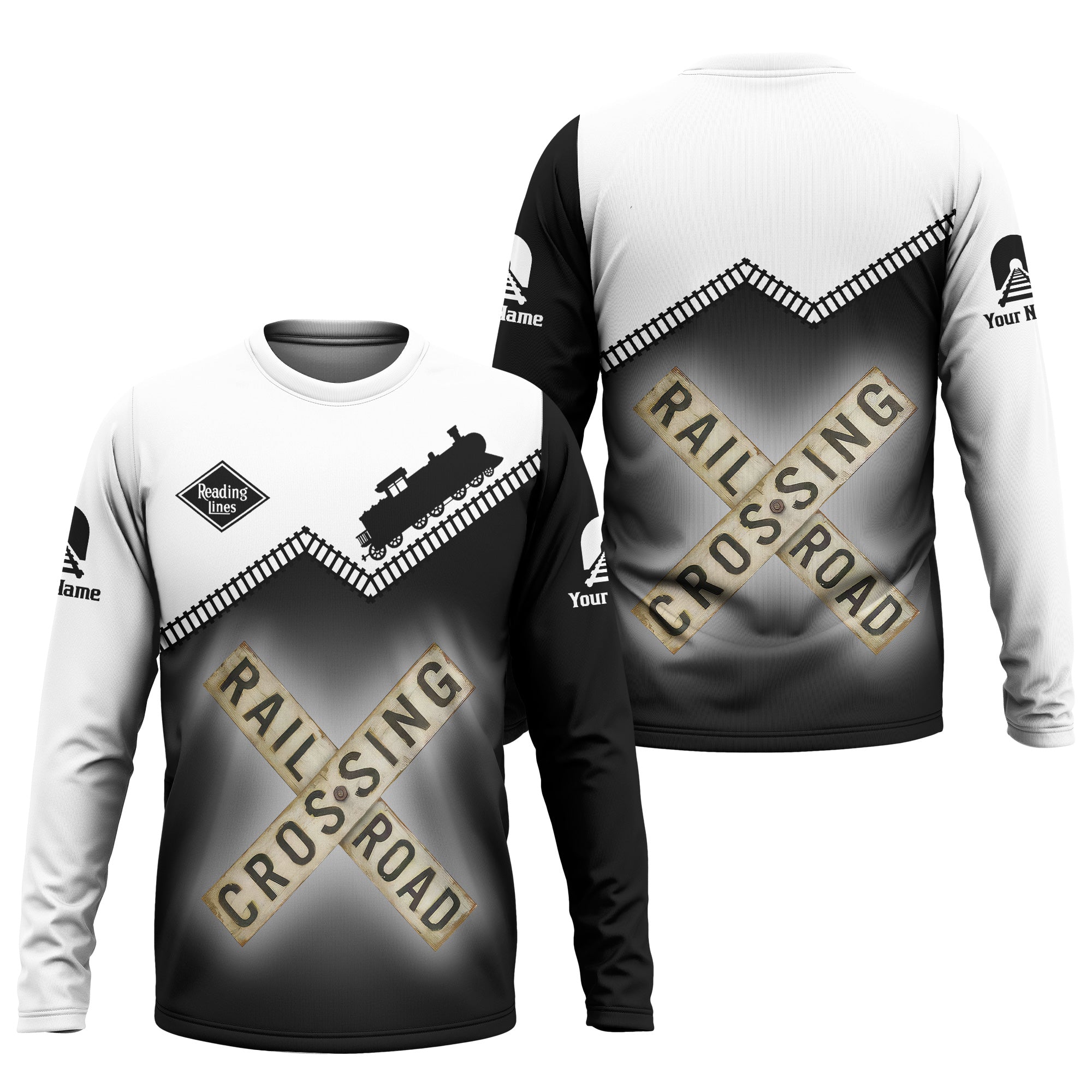 Railspirit Personalized Reading Railroad Long Sleeve Shirt Railroad Crossing Printed Train Track Shirt