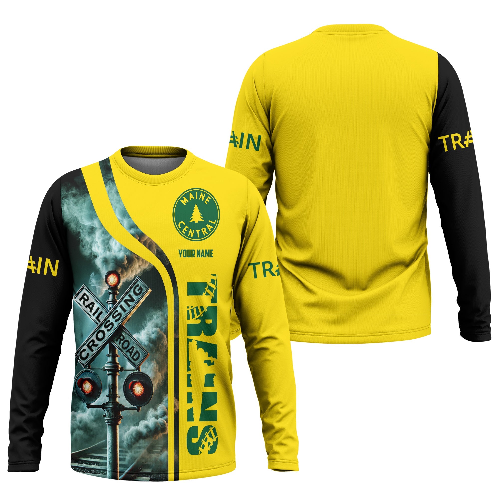 Railspirit Custom Name Maine Central Railroad Long Sleeve Shirt Railroad Crossing Sign Printed Train Shirt