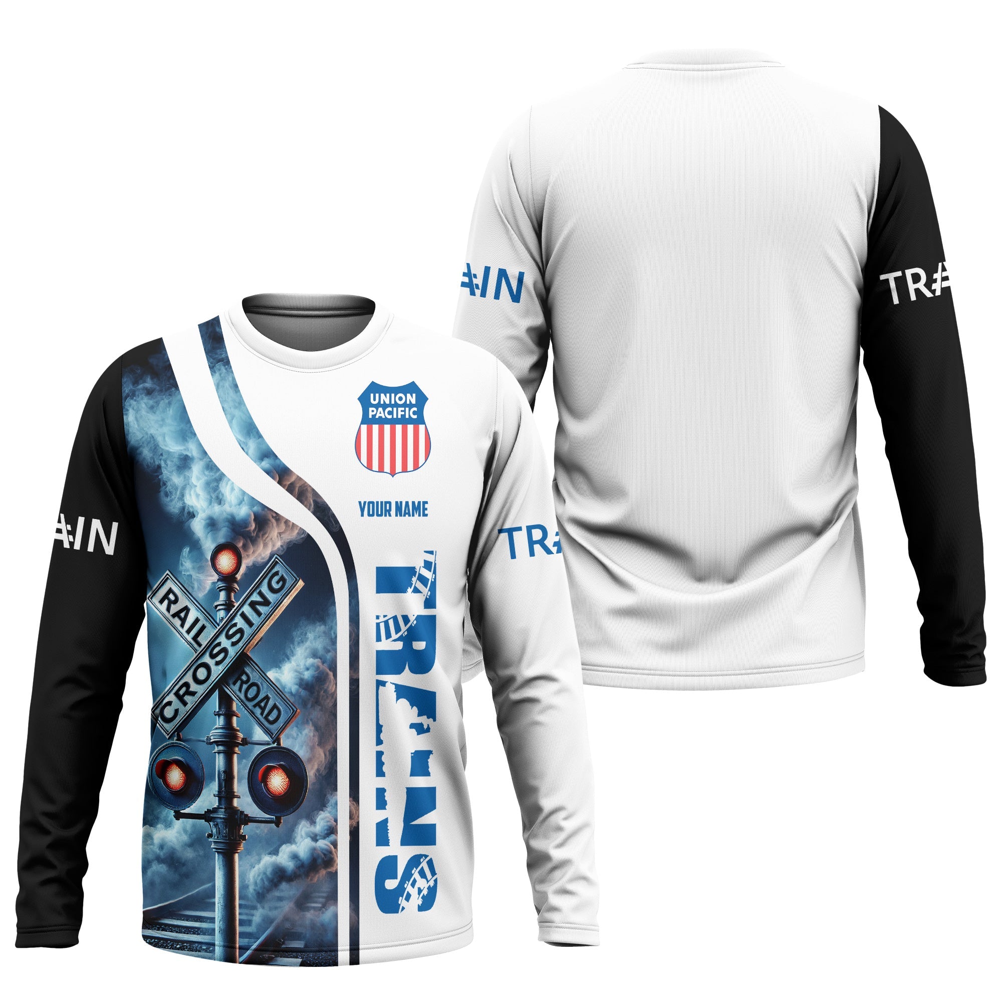 Railspirit Custom Name Union Pacific Railroad Long Sleeve Shirt Railroad Crossing Sign Big Boy Printed Train Shirt