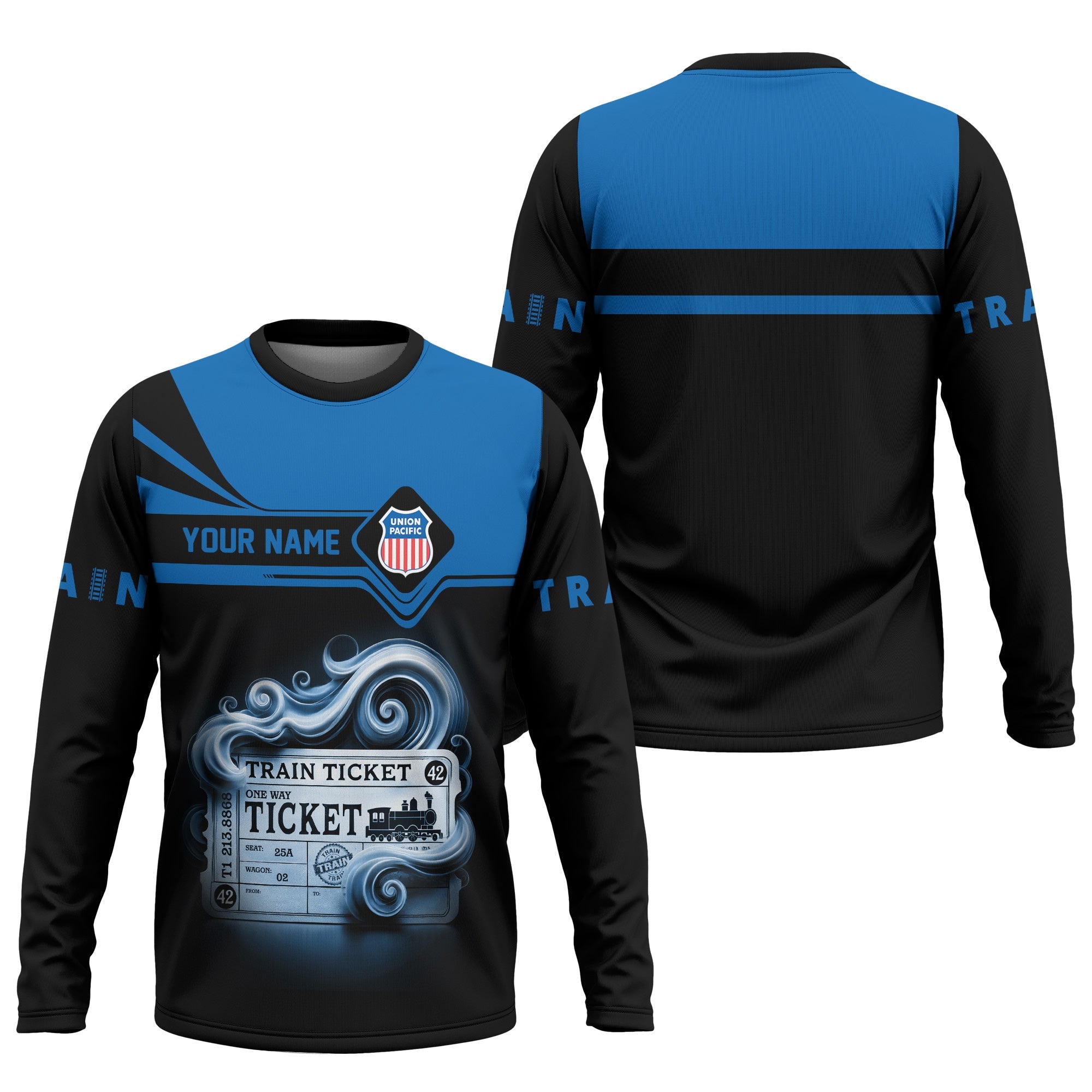 Railspirit Custom Name Union Pacific Railroad Long Sleeve Shirt American Train Ticket Big Boy Printed Shirt