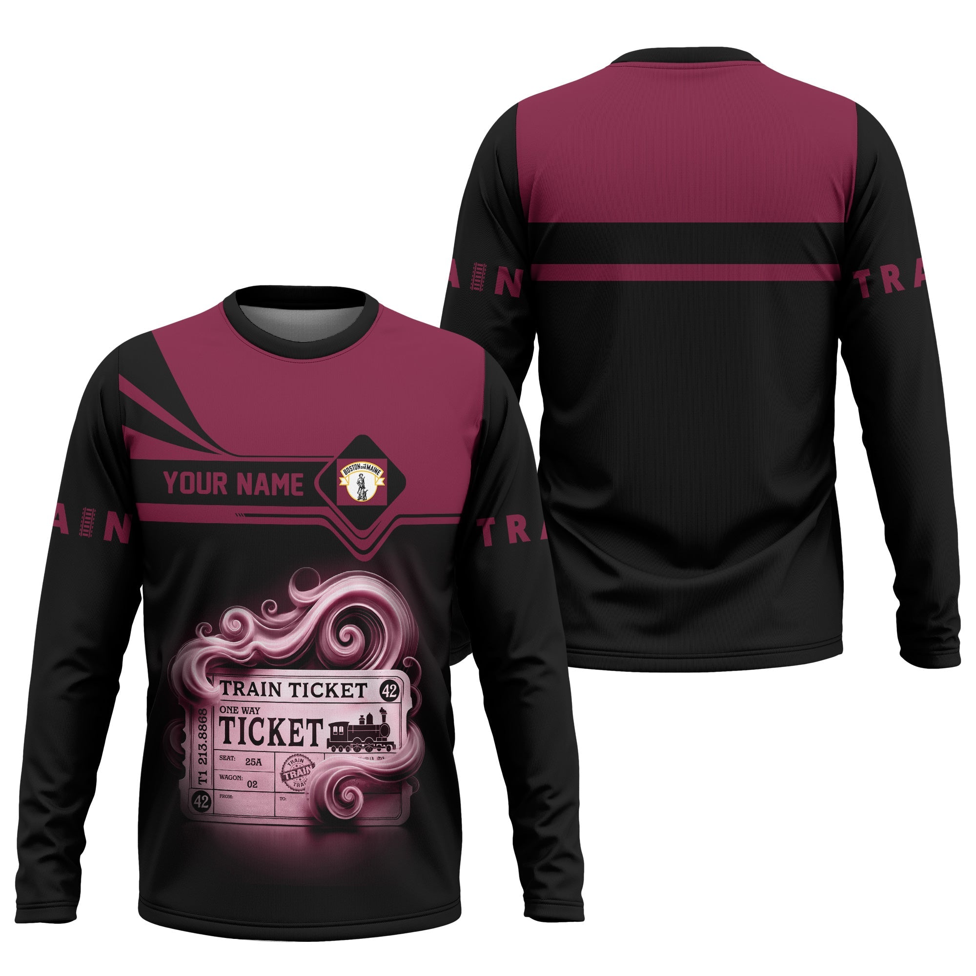 Railspirit Custom Name Boston and Maine Railroad Long Sleeve Shirt American Train Ticket Printed Shirt