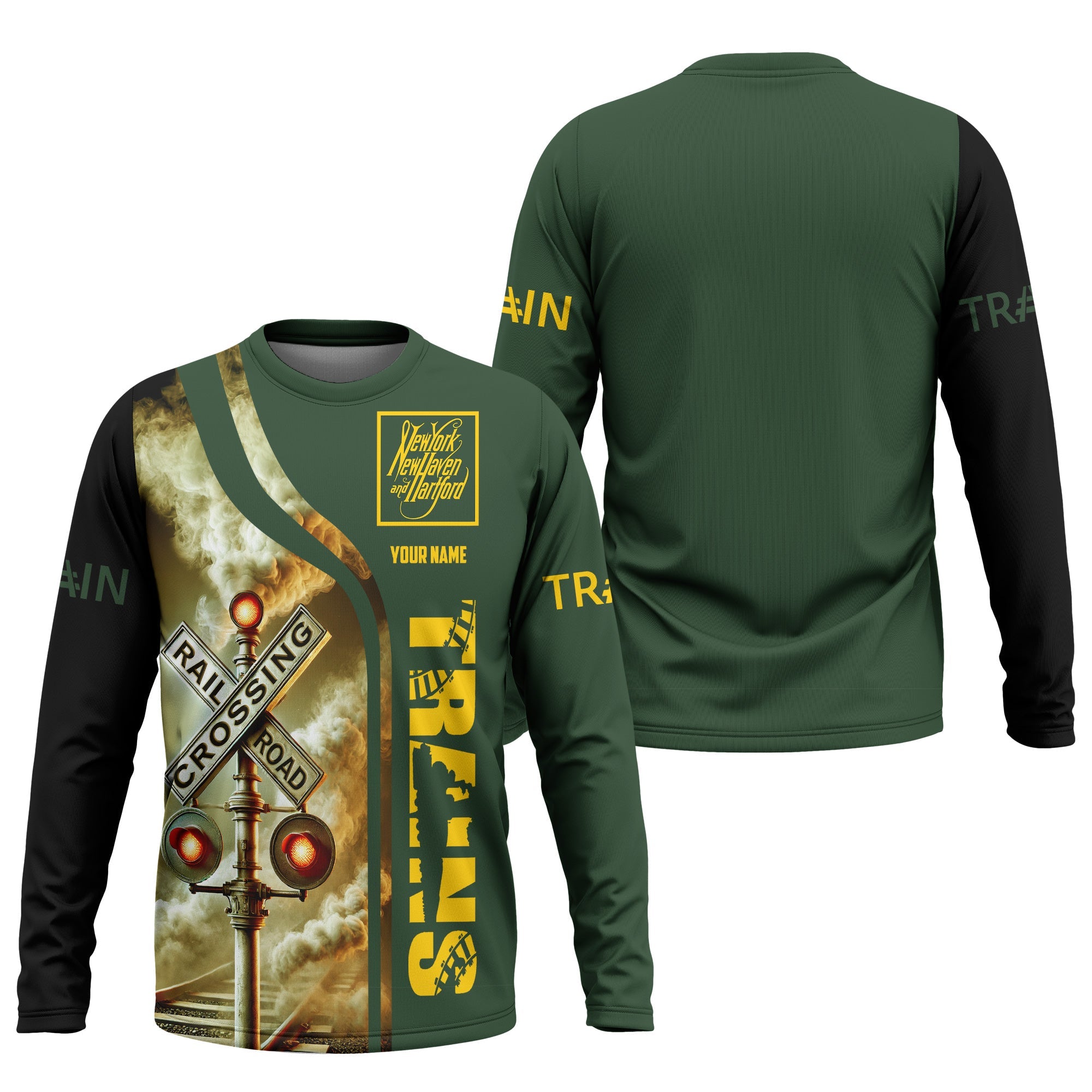 Railspirit Custom Name New York, New Haven and Hartford Railroad Long Sleeve Shirt Railroad Crossing Sign New Haven Railroad Printed Train Shirt