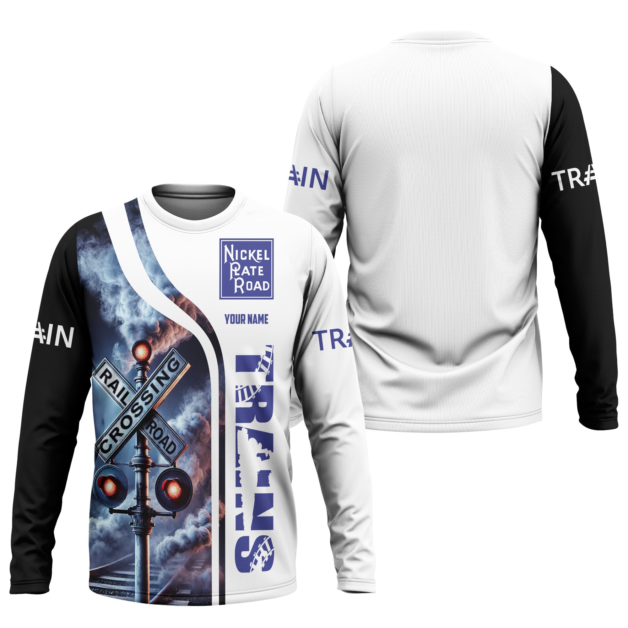 Railspirit Custom Name New York, Chicago and St. Louis Railroad Long Sleeve Shirt Railroad Crossing Sign Nickel Plate Road Printed Train Shirt