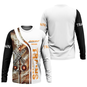 Railspirit Custom Name BNSF Railway Long Sleeve Shirt Railroad Crossing Sign Printed Train Shirt