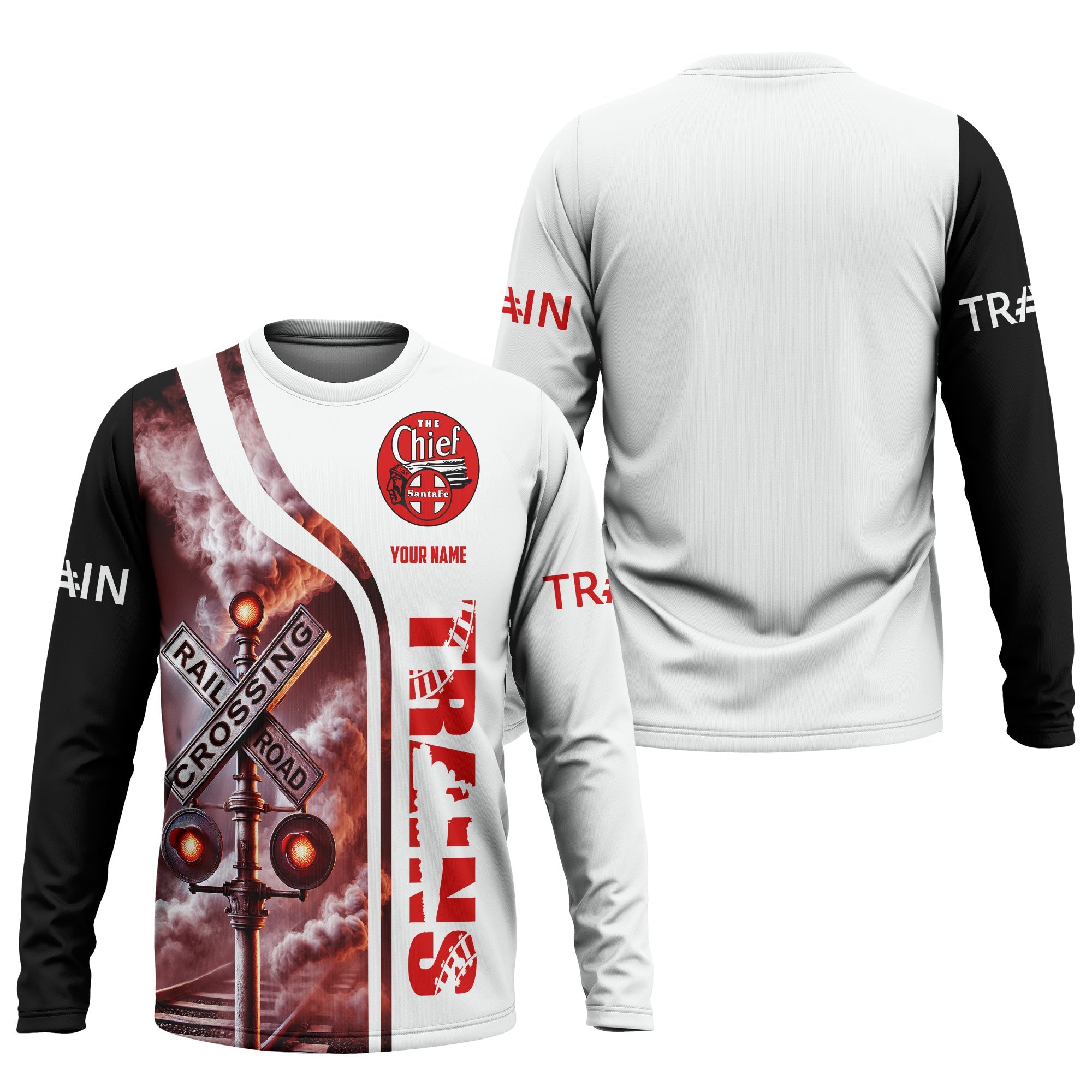 Railspirit Custom Name The Chief Santa Fe Railroad Long Sleeve Shirt Railroad Crossing Sign Printed Train Shirt