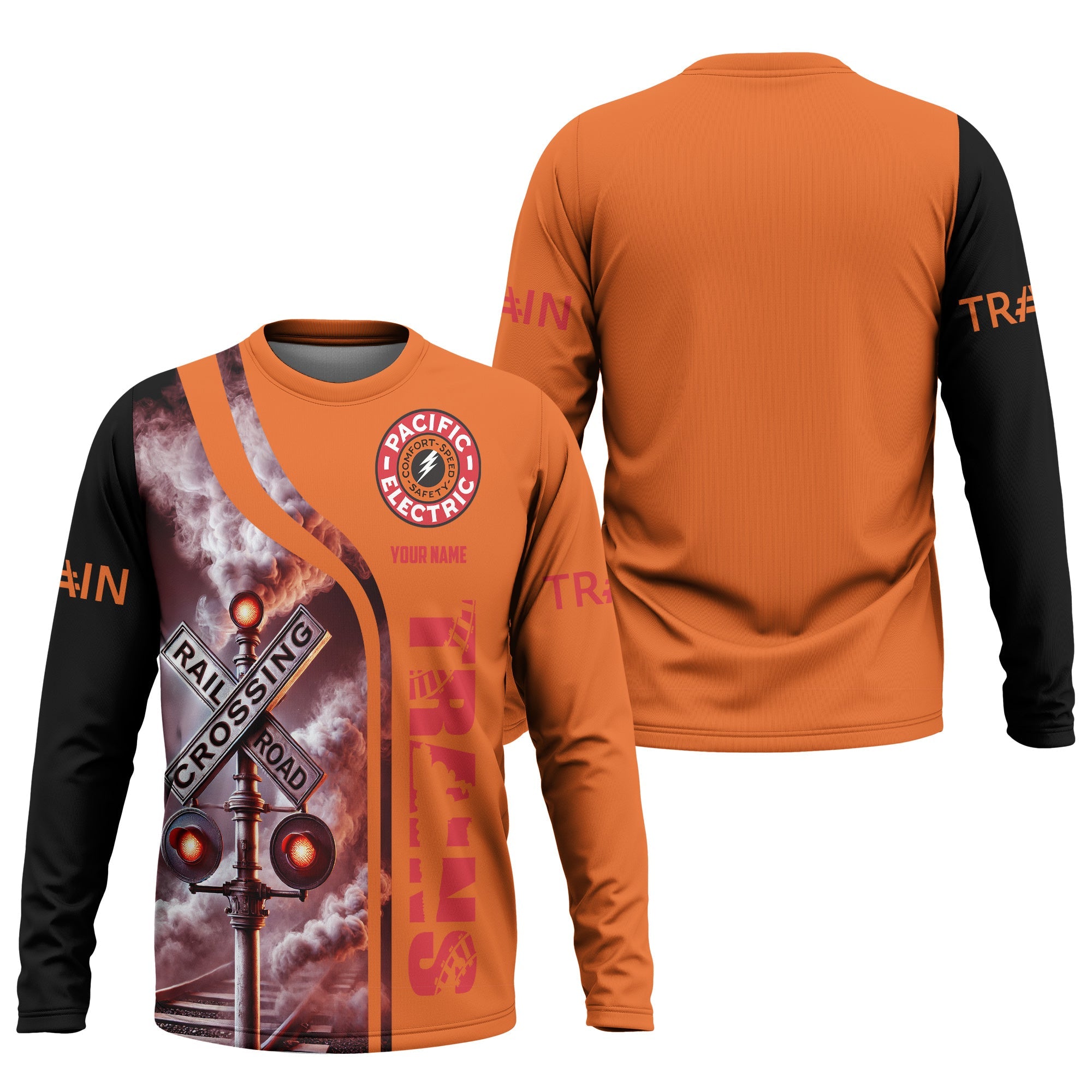 Railspirit Custom Name Pacific Electric Railroad Long Sleeve Shirt Railroad Crossing Sign Printed Train Shirt