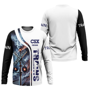 Railspirit Custom Name CSX Transportation Railroad Long Sleeve Shirt Railroad Crossing Sign Printed Train Shirt