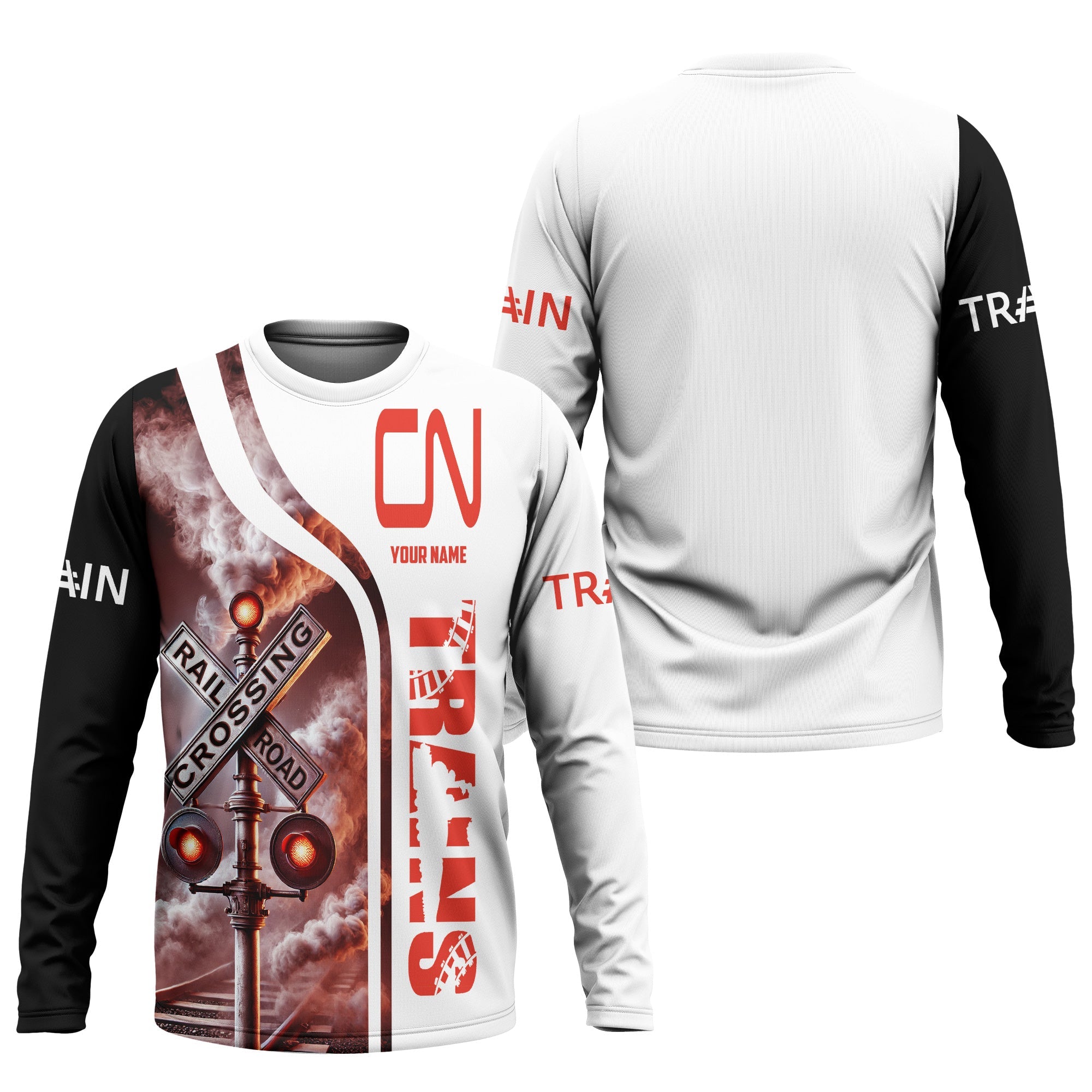 Railspirit Custom Name Canadian National Railroad Long Sleeve Shirt Railroad Crossing Sign Printed Train Shirt