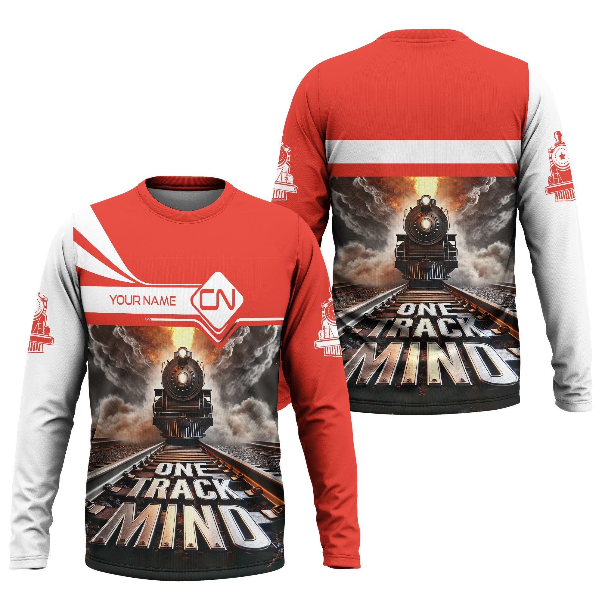 Railspirit Personalized Canadian National Railroad Long Sleeve Shirt One Track Mind Train Printed Shirt