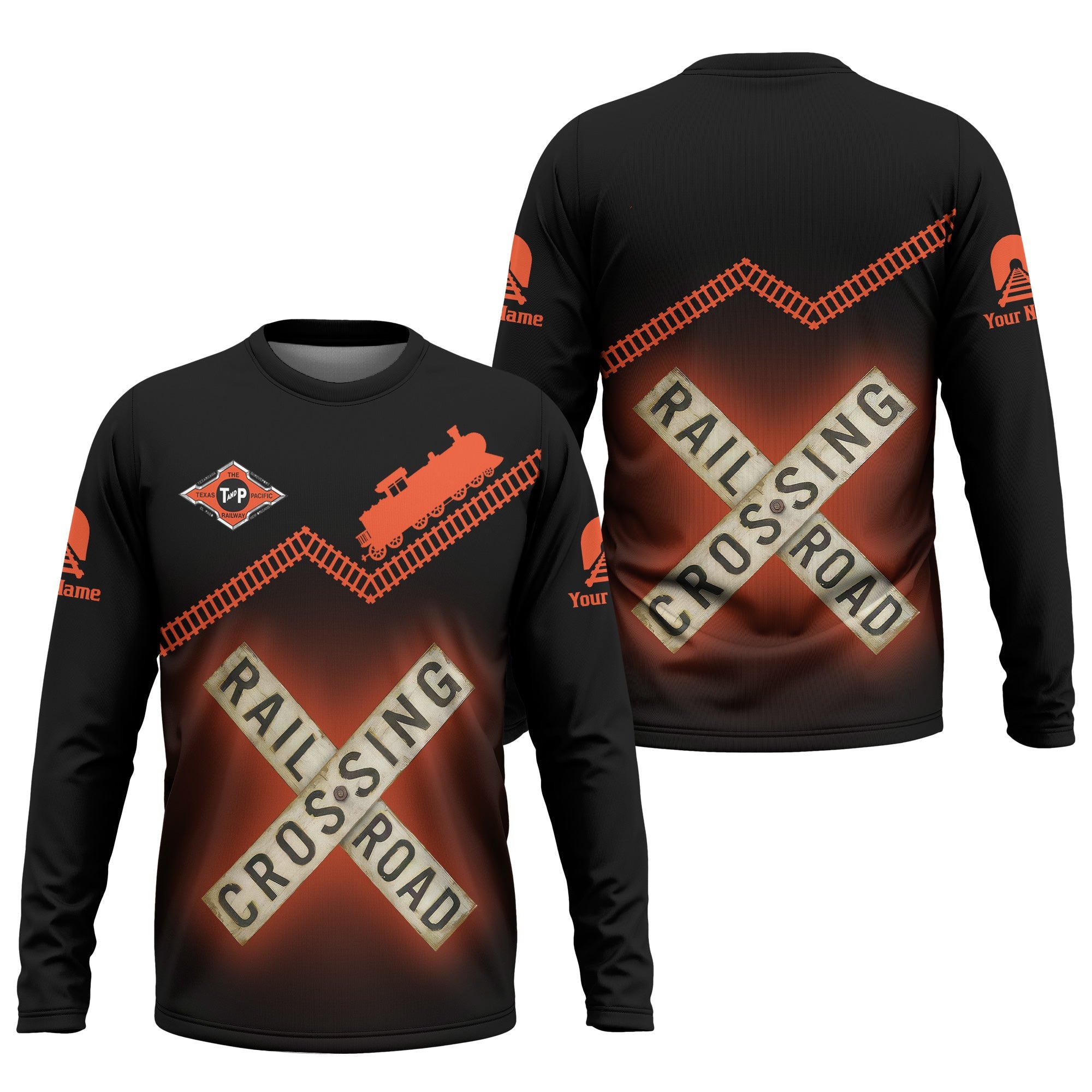 Railspirit Personalized Texas and Pacific Railway Long Sleeve Shirt Railroad Crossing Printed Train Track Shirt