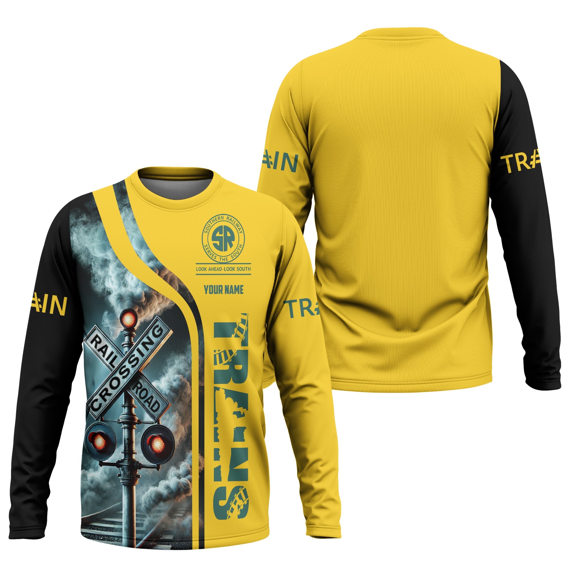 Railspirit Custom Name Southern Railway U.S Long Sleeve Shirt Railroad Crossing Sign SOU Printed Train Shirt