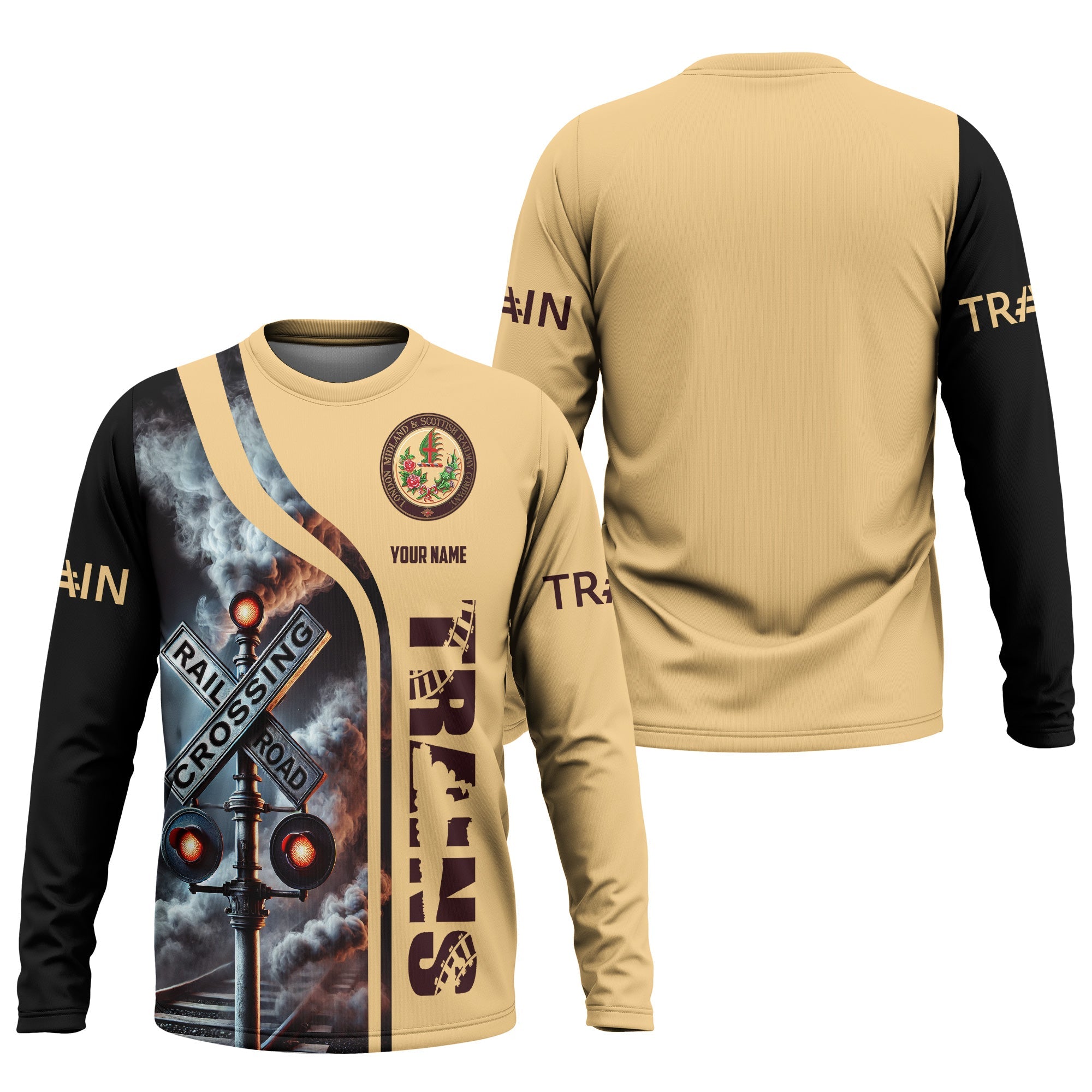 Railspirit Custom Name London, Midland and Scottish Railway Long Sleeve Shirt Railroad Crossing Sign Printed Train Shirt