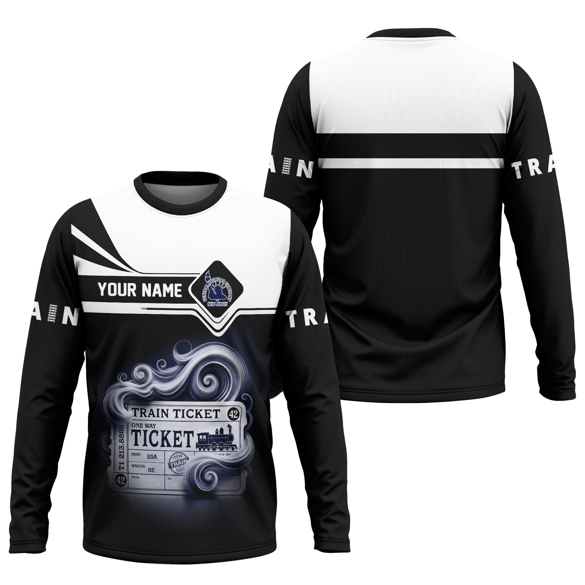 Railspirit Custom Name Jersey Central Railroad Long Sleeve Shirt American Train Ticket Printed Shirt