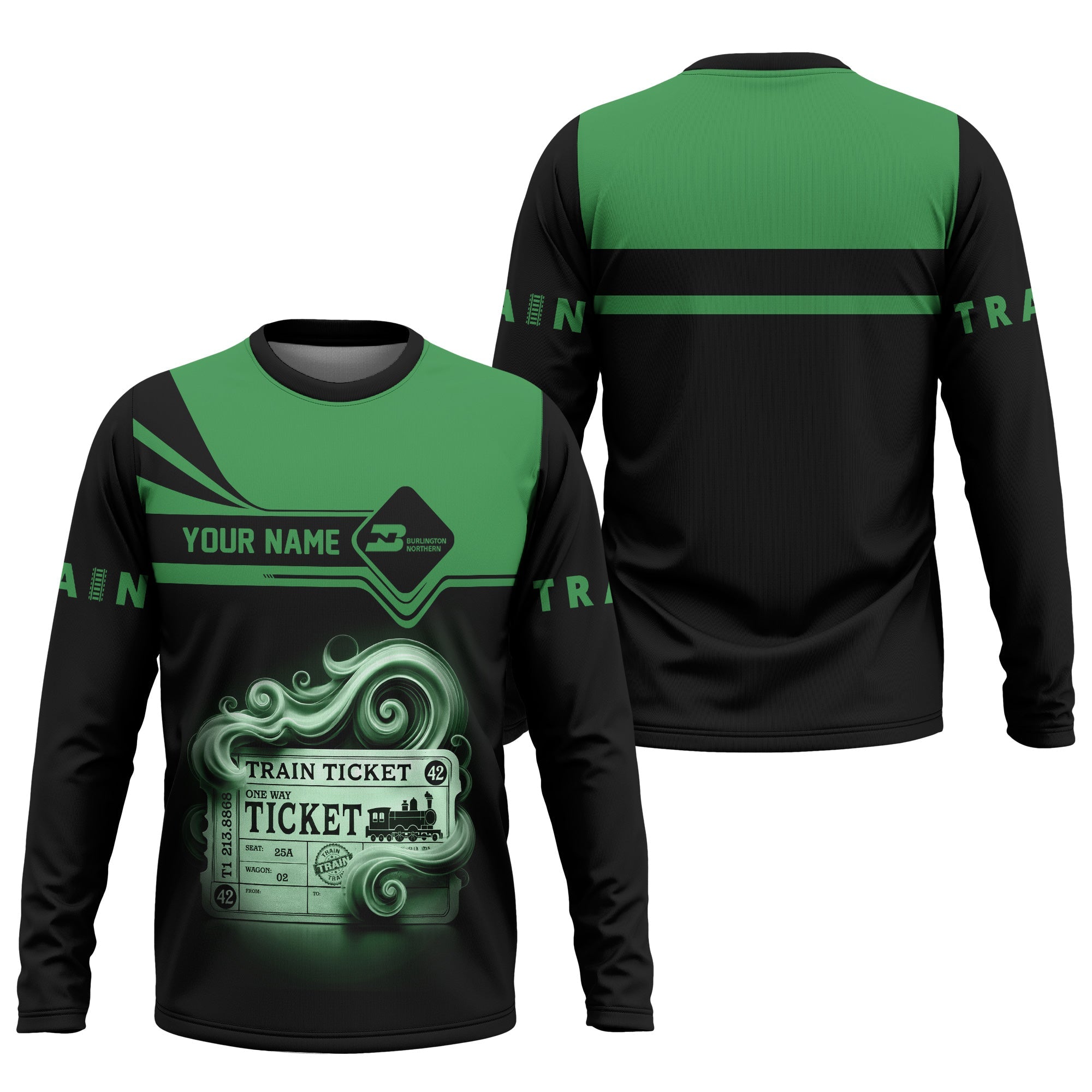 Railspirit Custom Name Burlington Northern Railroad Long Sleeve Shirt American Train Ticket Printed Shirt