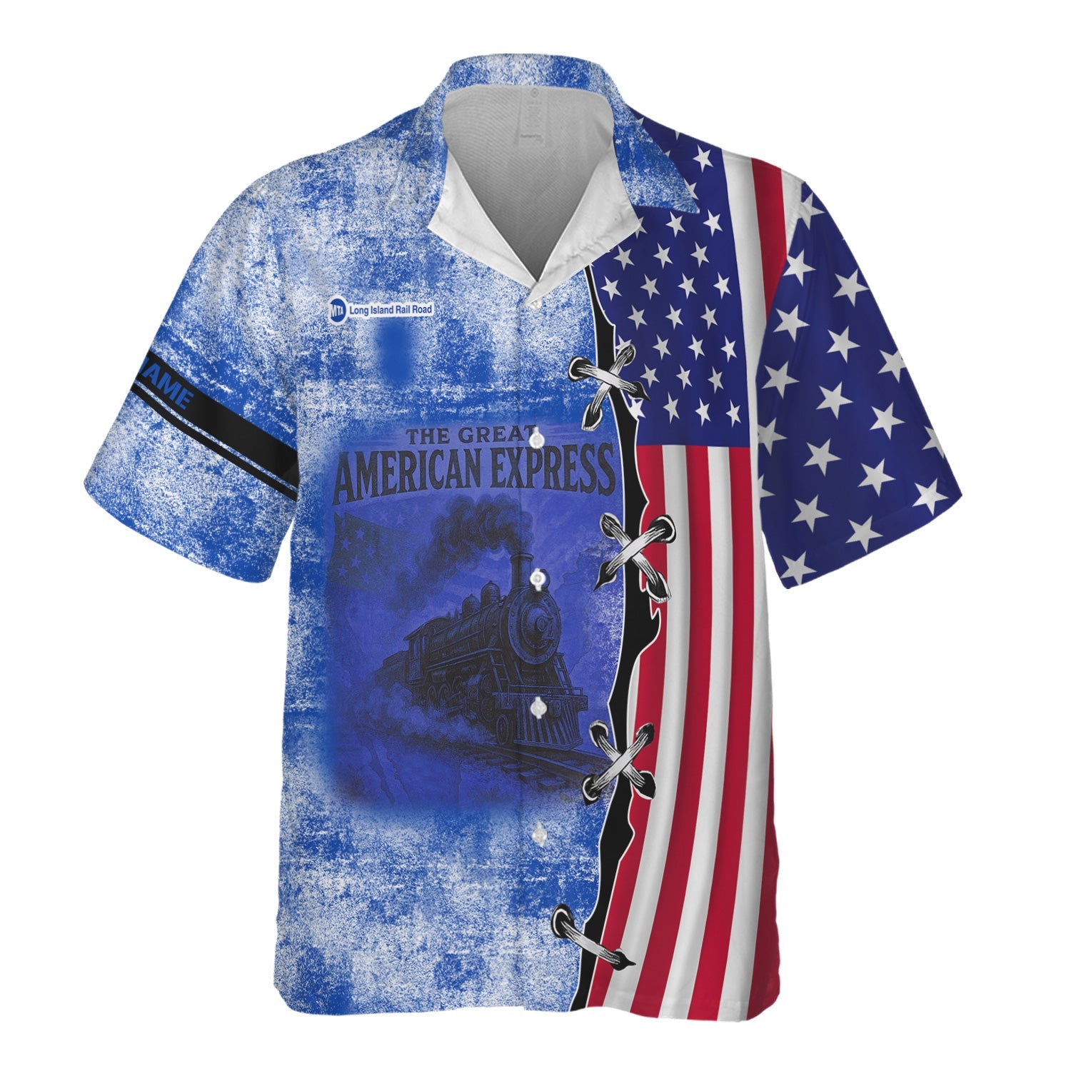 Railspirit Personalized Long Island Railroad Hawaiian Shirt Retro American Express Train With USA Flag Shirt