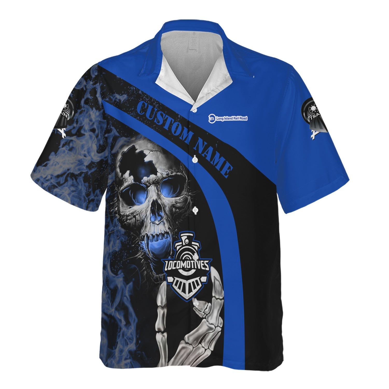 Railspirit Personalized Long Island Railroad Hawaiian Shirt Flame Skull Design Train Shirt for Locomotive Fans