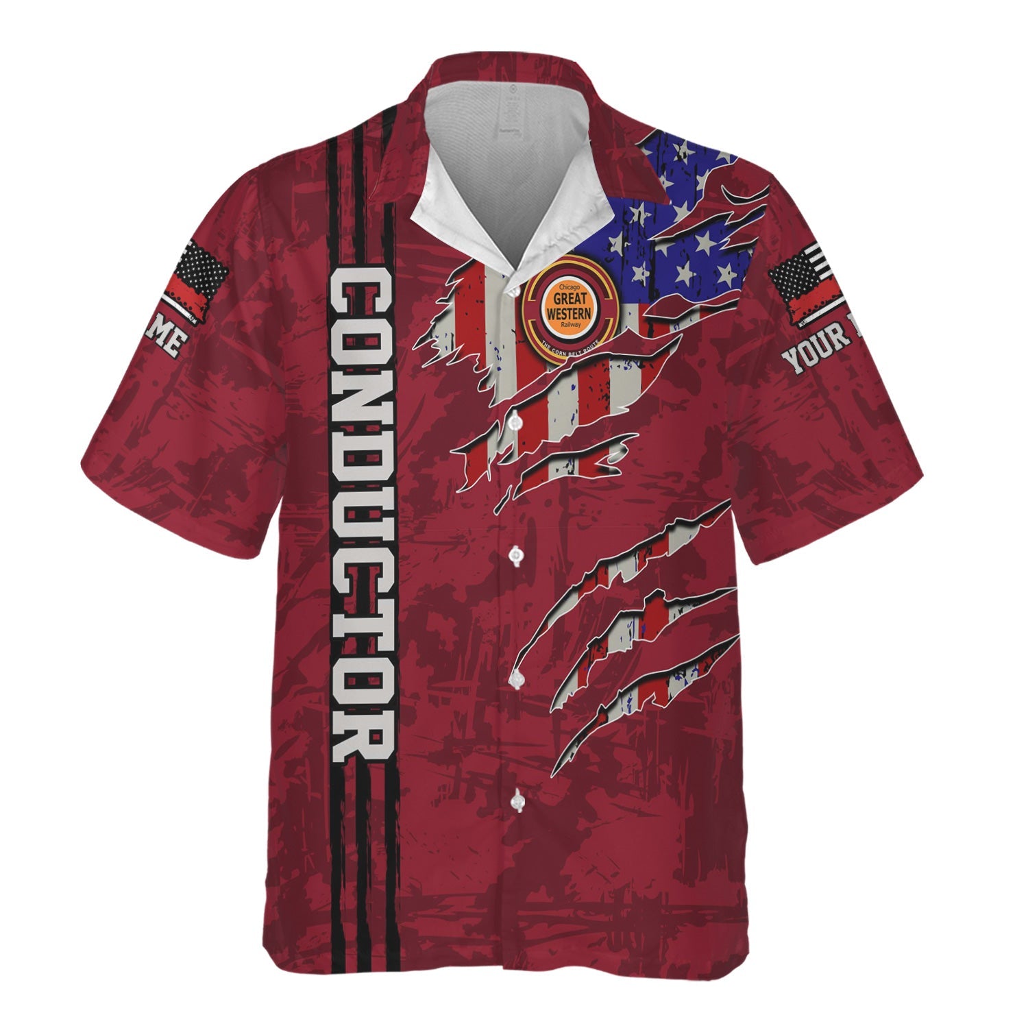 Railspirit Personalized Chicago Great Western Railroad Hawaiian Shirt USA Flag Claw Art with Custom Job Train Shirt