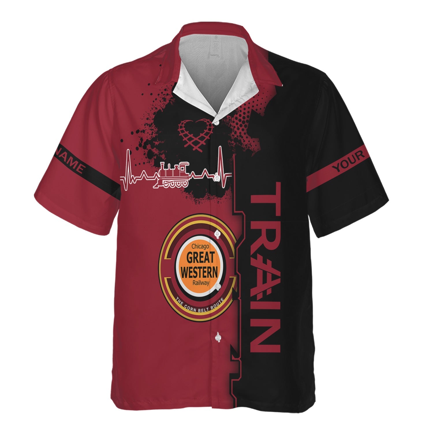Railspirit Personalized Chicago Great Western Railroad Hawaiian Shirt Engine Heartbeat and Track Love Style Shirt Gift Idea For Train Lovers
