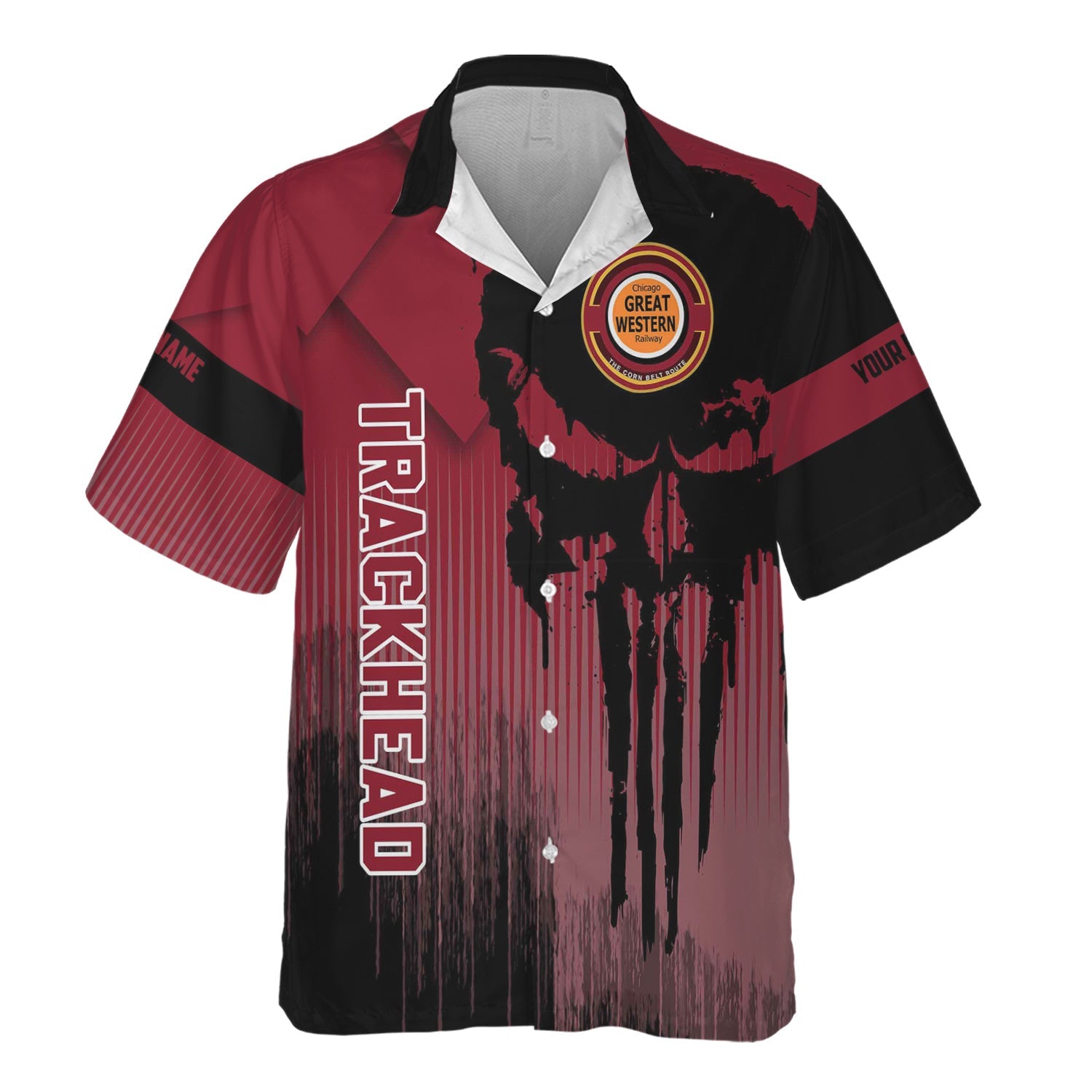 Railspirit Personalized Chicago Great Western Railroad Hawaiian Shirt Skull Design with Custom Job Train Shirt for Trackhead Crew