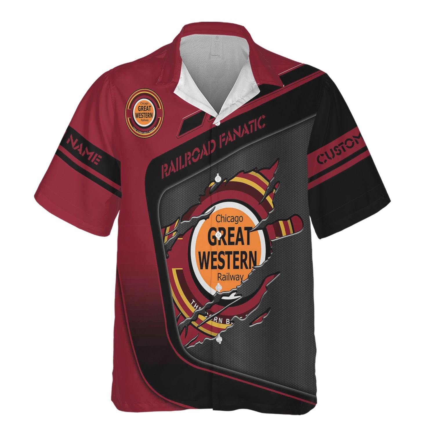 Railspirit Personalized Chicago Great Western Railroad Hawaiian Shirt Ripped Texture Style Train Shirt For Railroad Fanatic