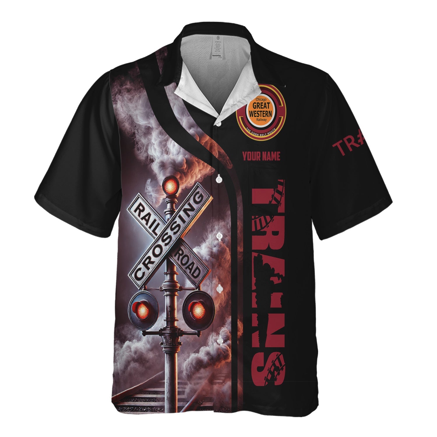 Railspirit Custom Name Chicago Great Western Railroad Hawaiian Shirt Railroad Crossing Sign Printed Train Shirt