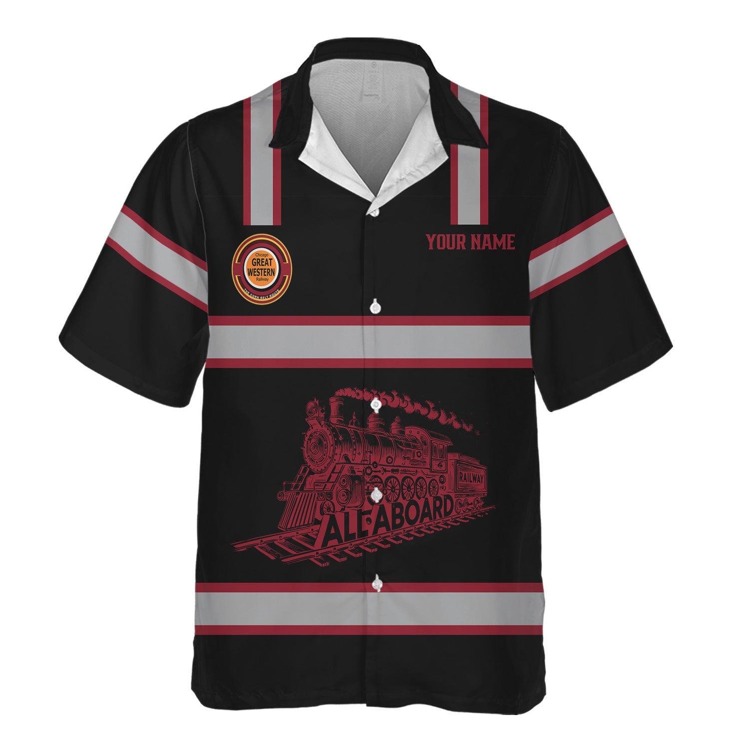 Railspirit Custom Name Chicago Great Western Railroad Hawaiian Shirt Eat Train Sleep Repeat Printed Train Shirt