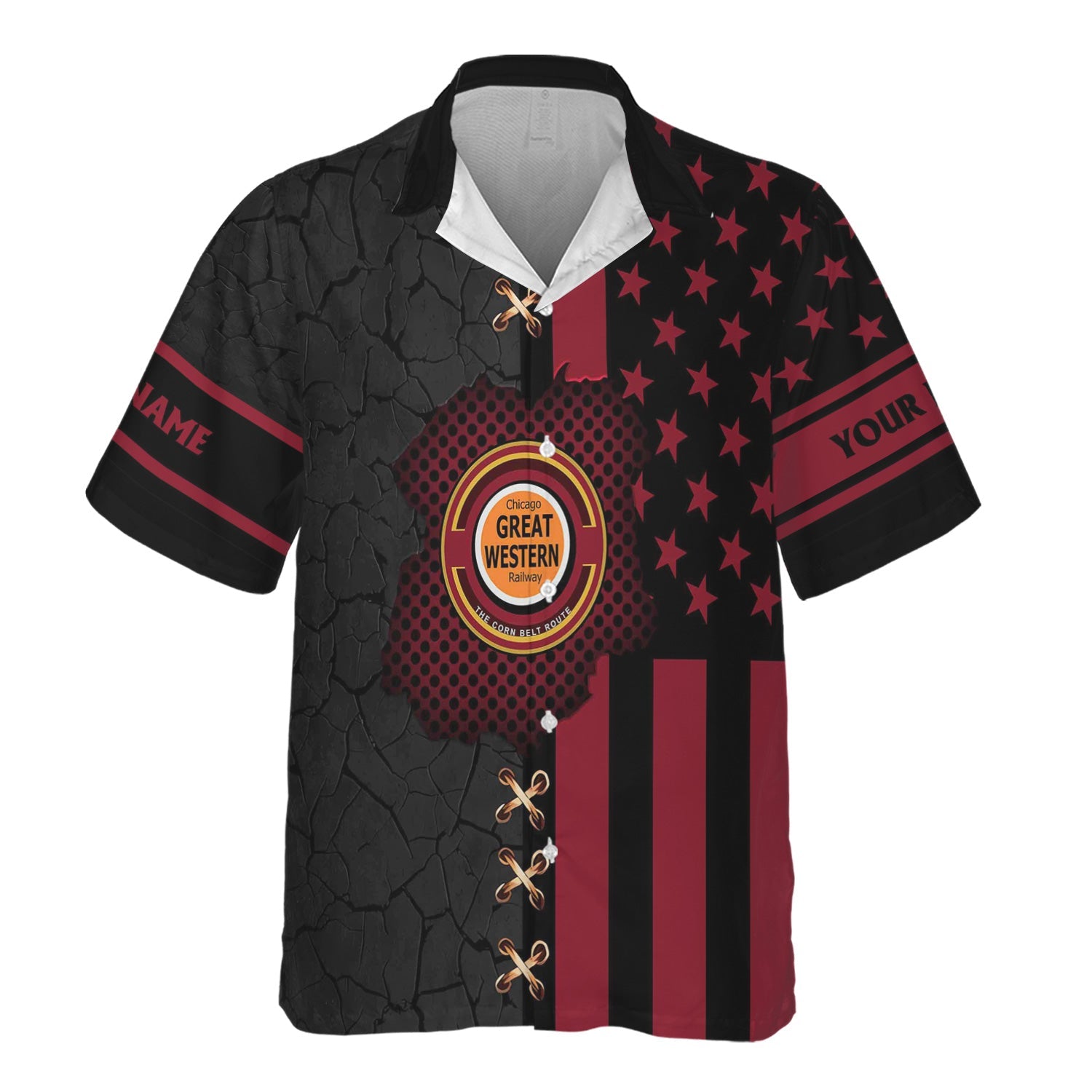 Railspirit Personalized Chicago Great Western Railroad Hawaiian Shirt American Flag with Crack Effect Train Shirt