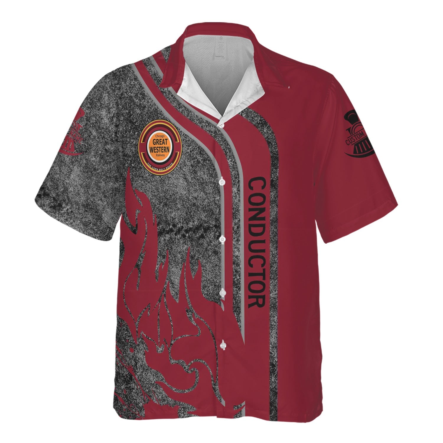Railspirit Personalized Chicago Great Western Railroad Hawaiian Shirt Flame Design with Custom Job Position Train Shirt