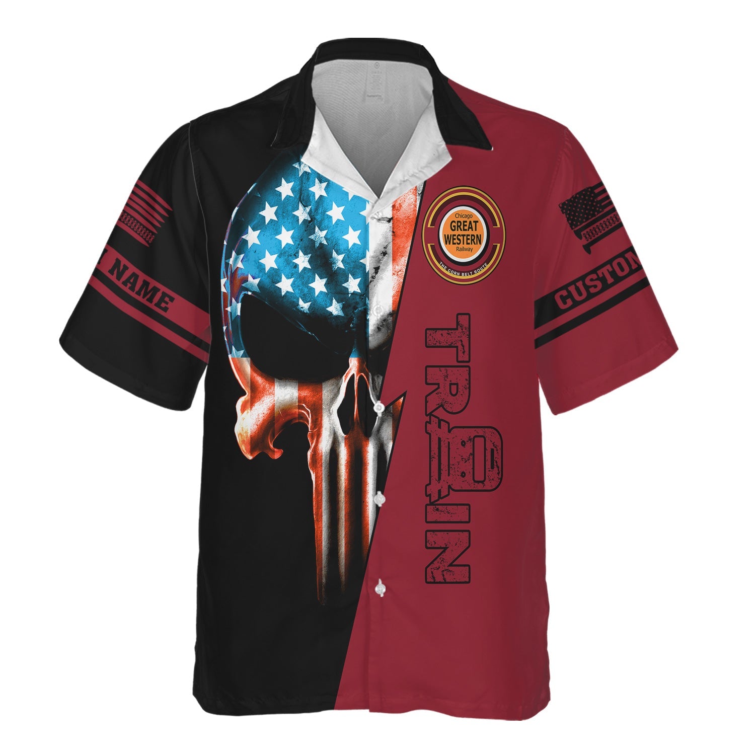 Railspirit Personalized Chicago Great Western Railroad Hawaiian Shirt Train Skull American Flag Shirt All Over Print