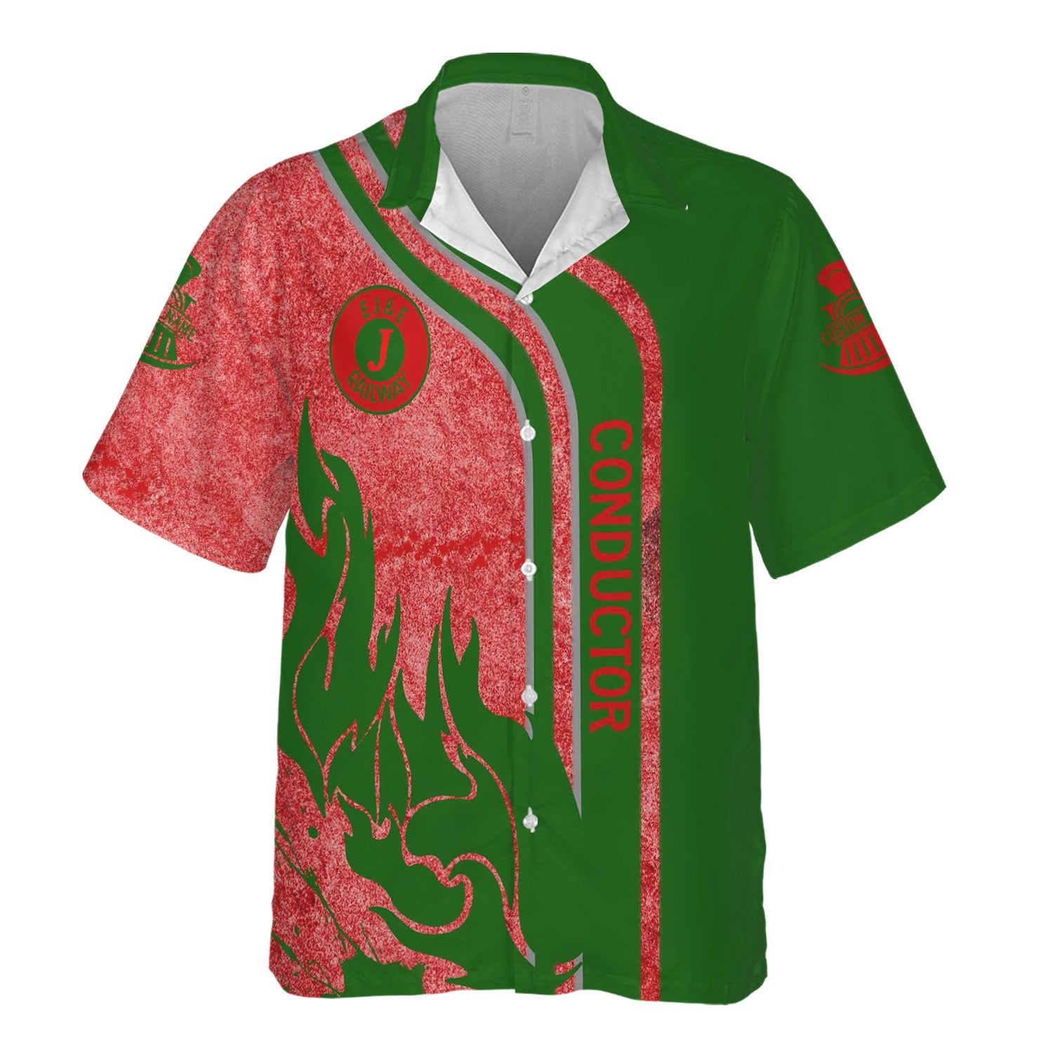 Railspirit Personalized Elgin Joliet And Eastern Railroad Hawaiian Shirt Flame Design with Custom Job Position Train Shirt