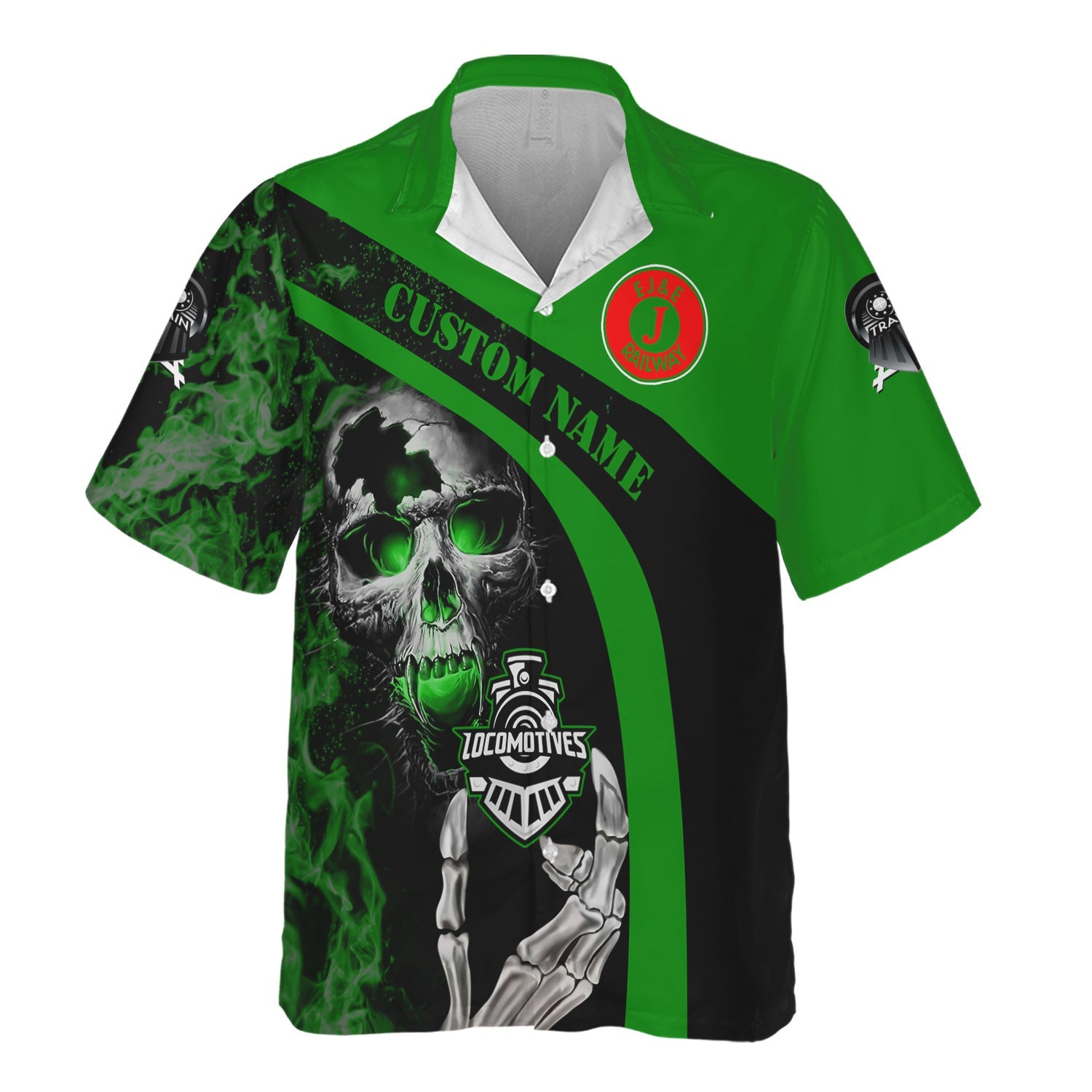 Railspirit Personalized Elgin Joliet And Eastern Railroad Hawaiian Shirt Flame Skull Design Train Shirt for Locomotive Fans