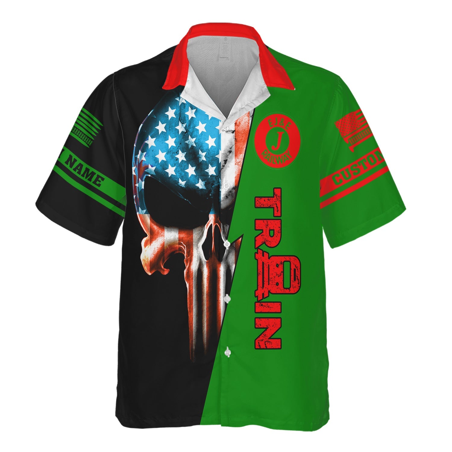 Railspirit Personalized Elgin Joliet And Eastern Railroad Hawaiian Shirt Train Skull American Flag Shirt All Over Print