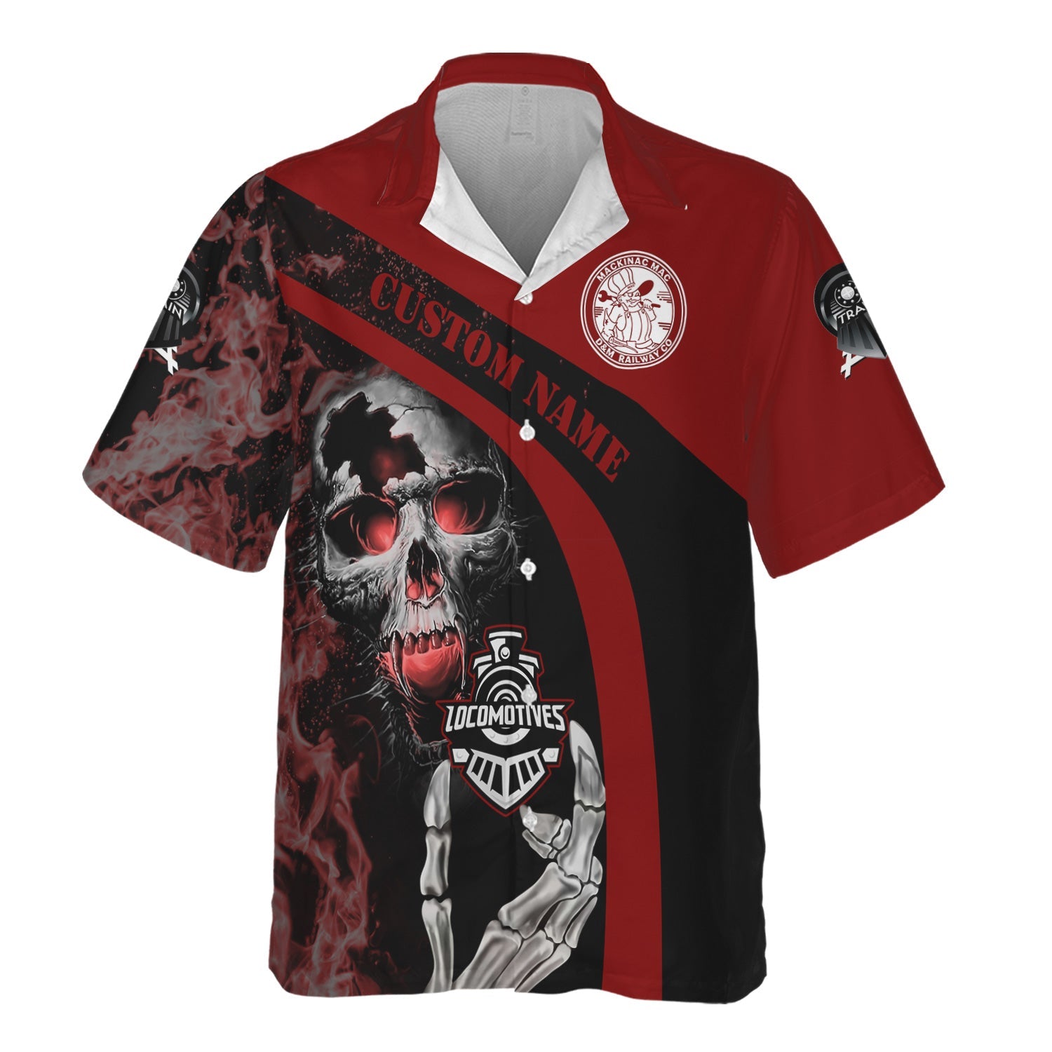 Railspirit Personalized Detroit & Mackinac Railroad Hawaiian Shirt Flame Skull Design Train Shirt for Locomotive Fans