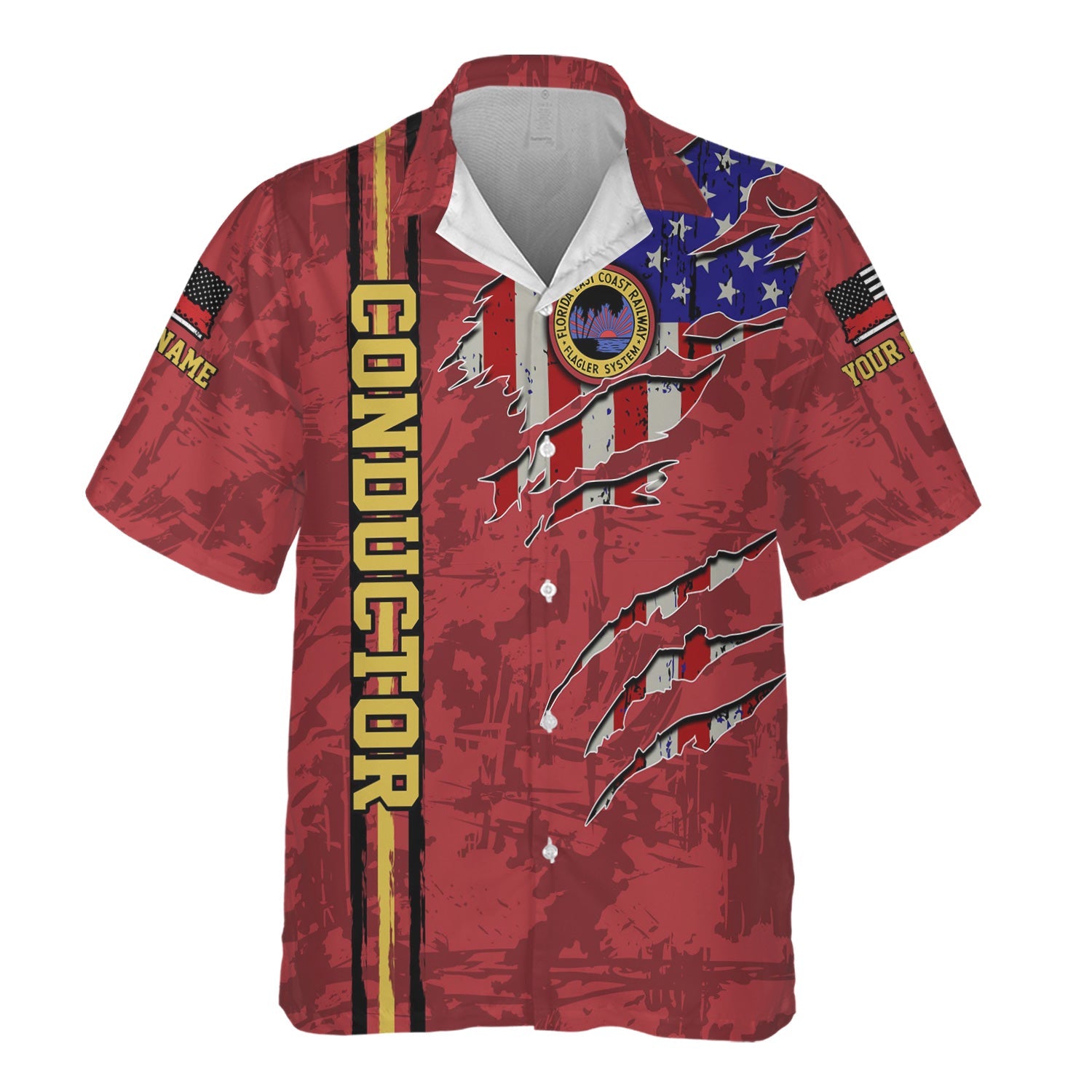Railspirit Personalized Florida East Coast Railway Hawaiian Shirt USA Flag Claw Art with Custom Job Train Shirt
