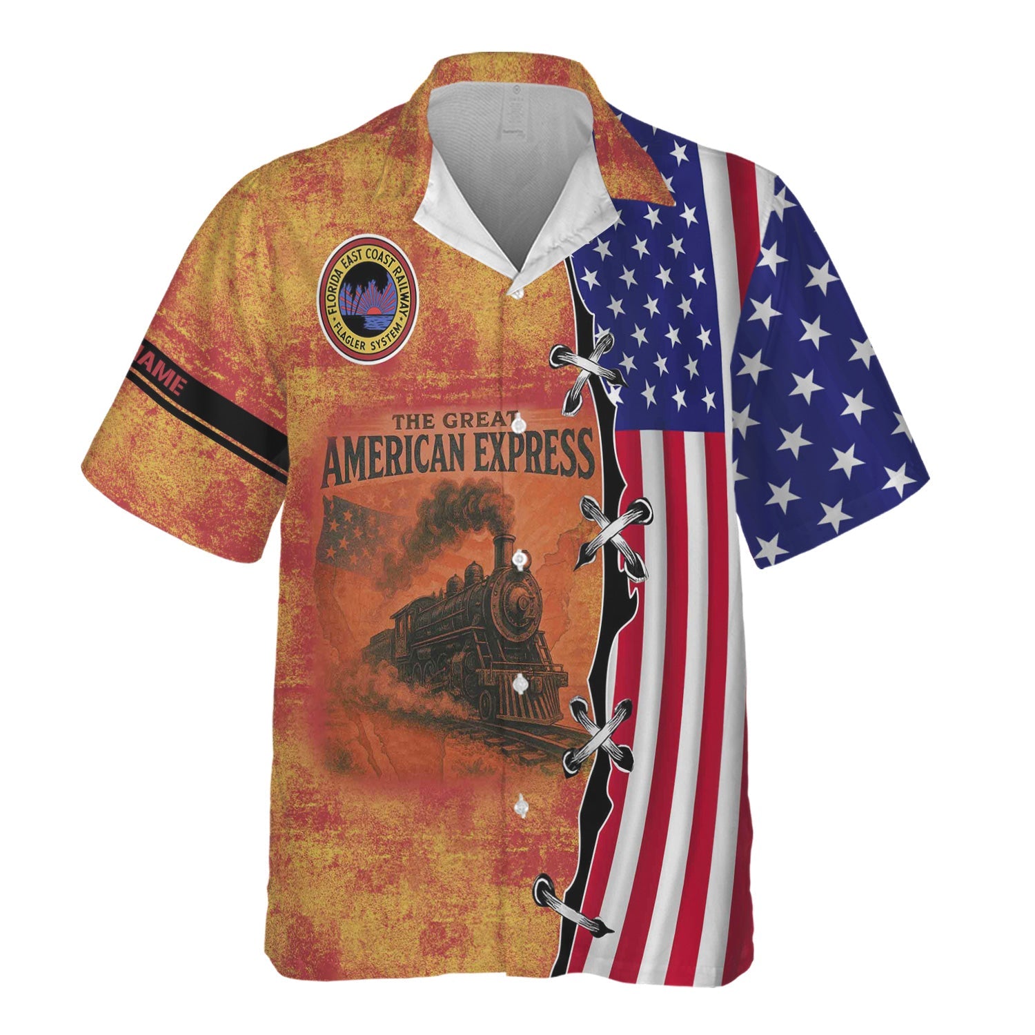 Railspirit Personalized Florida East Coast Railway Hawaiian Shirt Retro American Express Train With USA Flag Shirt