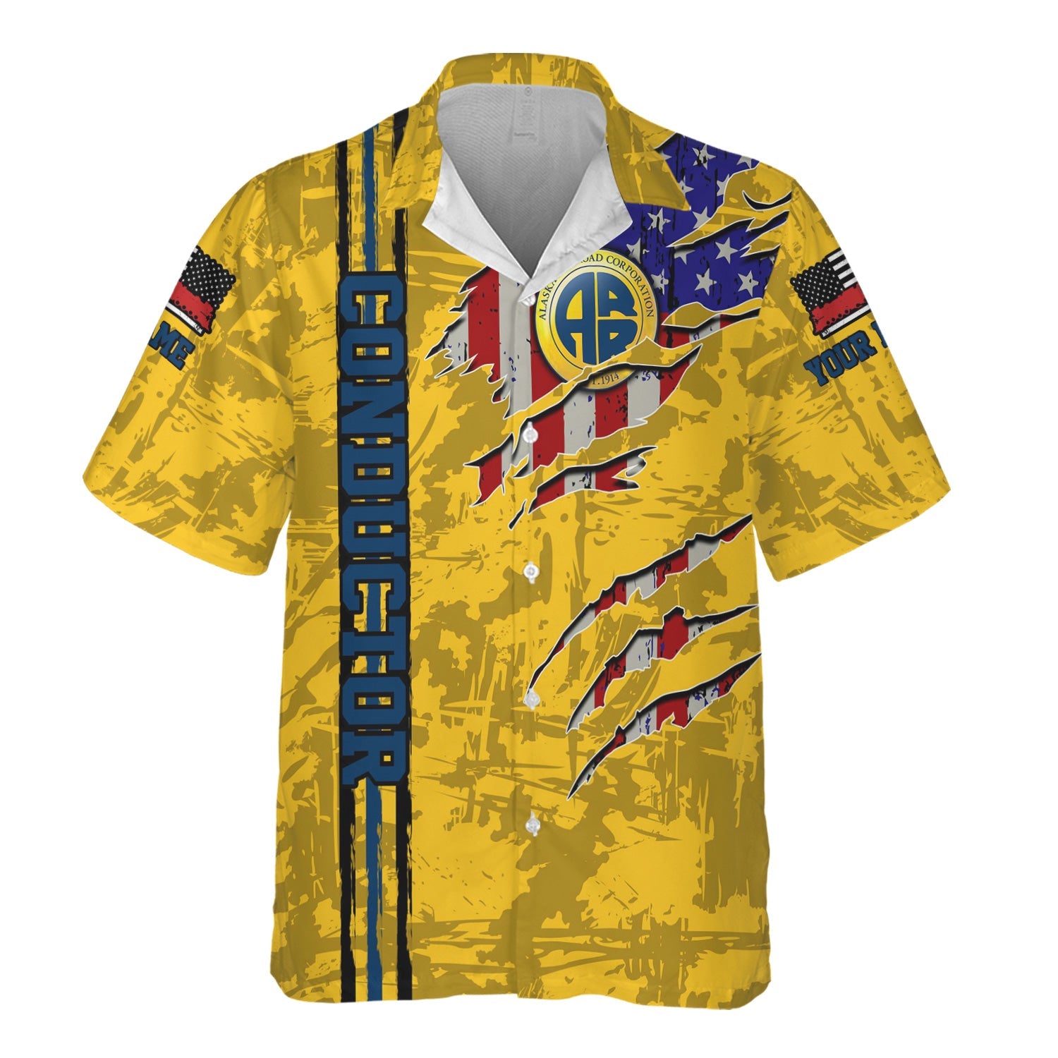 Railspirit Personalized Alaska Railroad Hawaiian Shirt USA Flag Claw Art with Custom Job Train Shirt