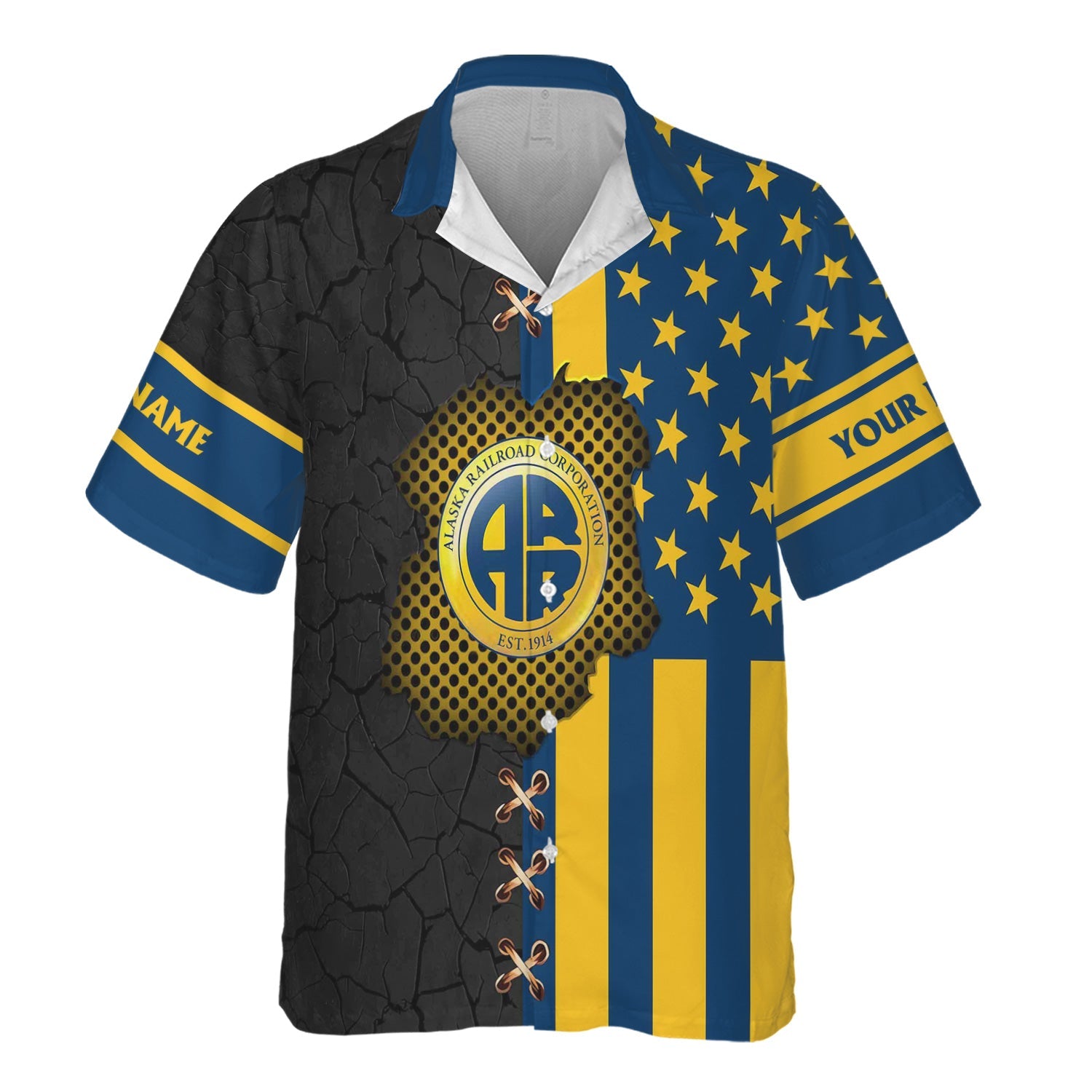 Railspirit Personalized Alaska Railroad Hawaiian Shirt American Flag with Crack Effect Train Shirt