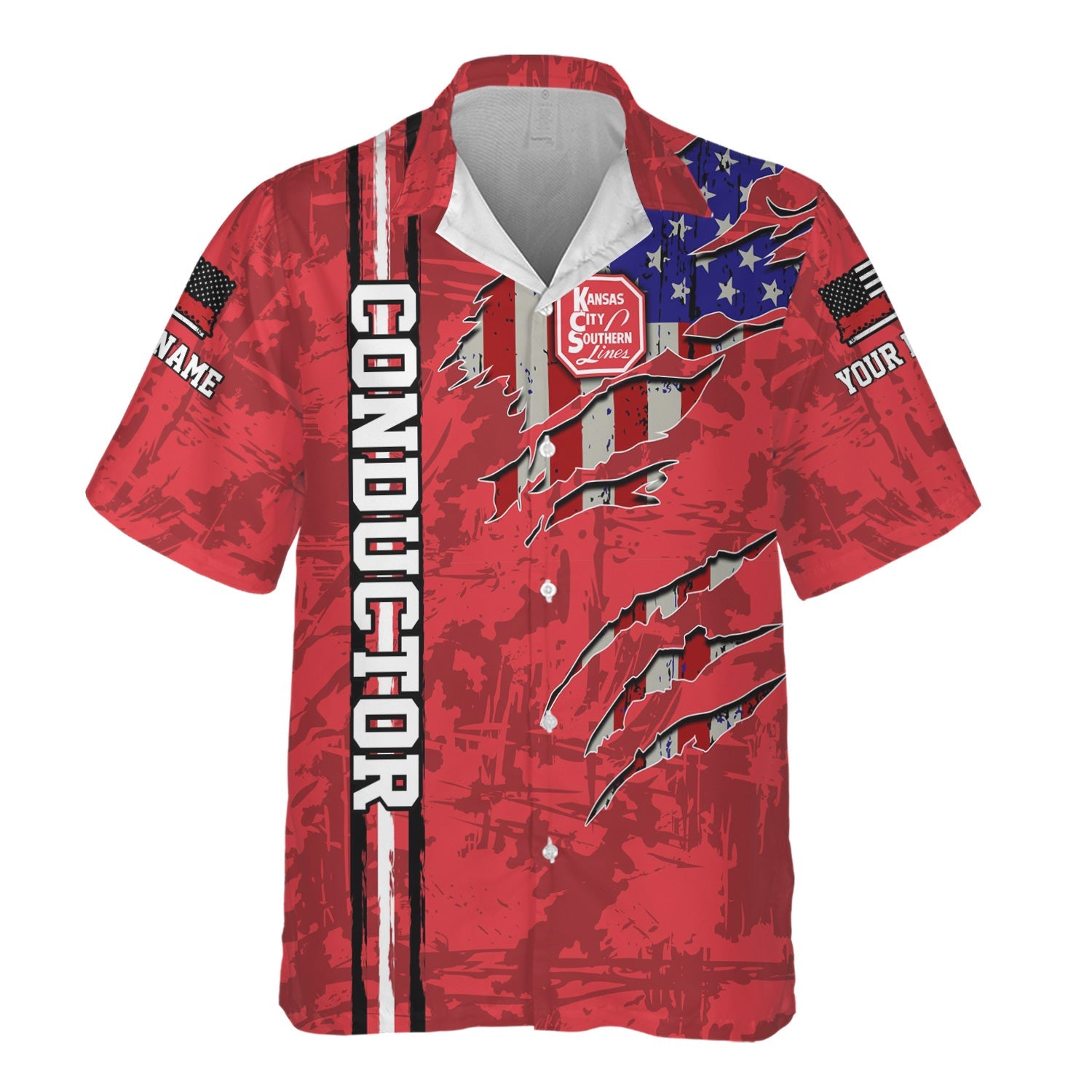 Railspirit Personalized Kansas City Southern Hawaiian Shirt USA Flag Claw Art with Custom Job Train Shirt