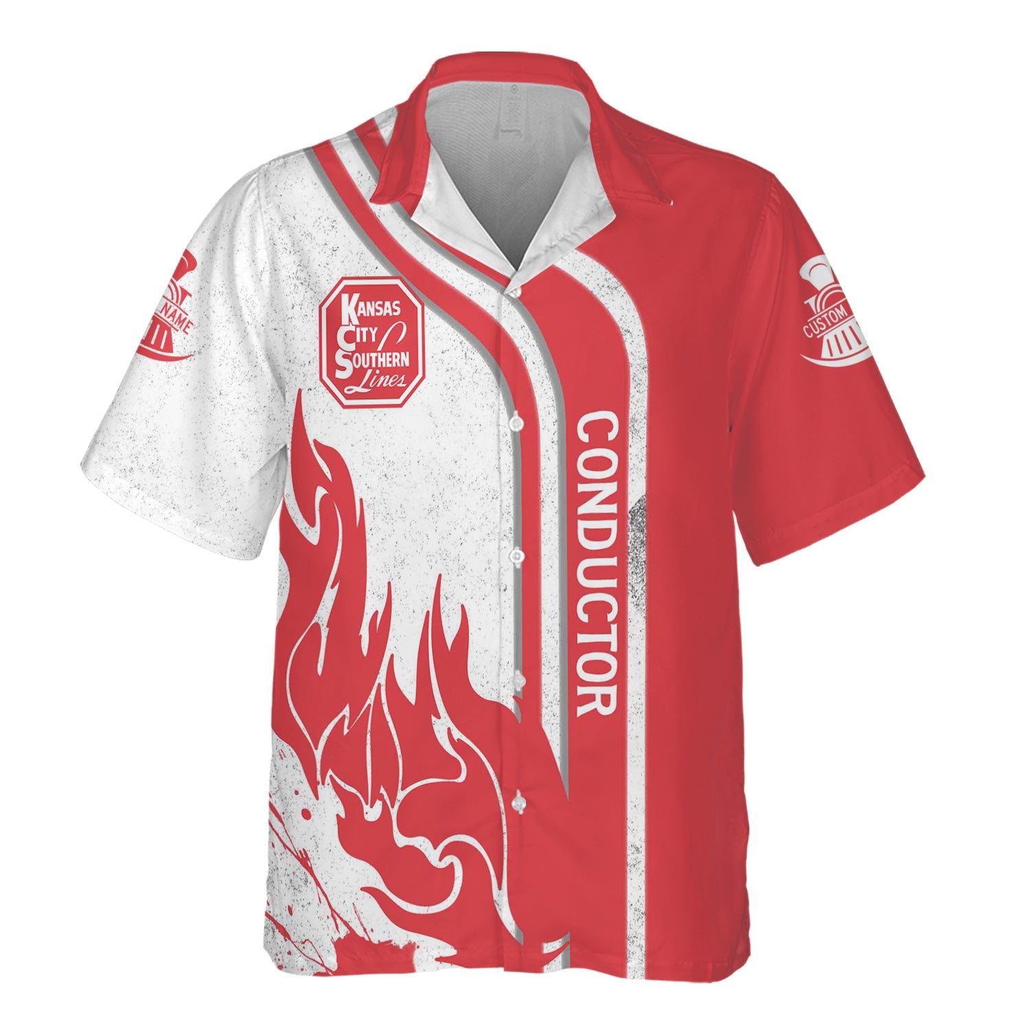 Railspirit Personalized Kansas City Southern Hawaiian Shirt Flame Design with Custom Job Position Train Shirt