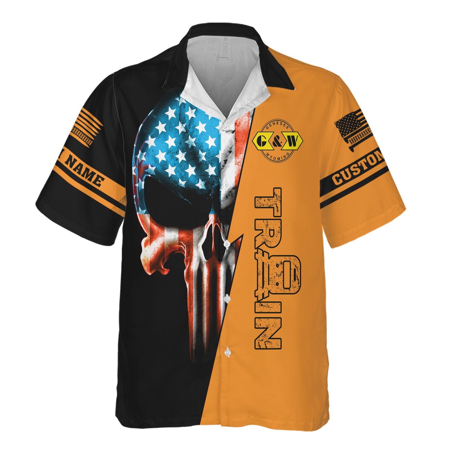 Railspirit Personalized Genesee & Wyoming Inc. Railroad Hawaiian Shirt Train Skull American Flag Shirt All Over Print