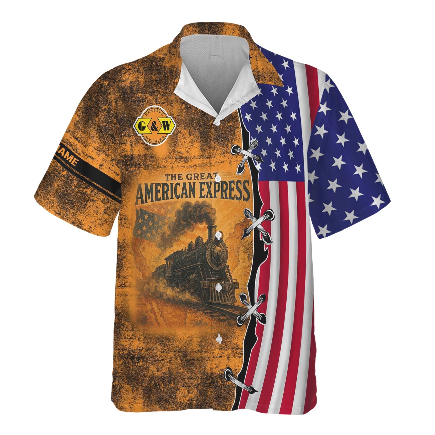 Railspirit Personalized Genesee & Wyoming Inc. Railroad Hawaiian Shirt Retro American Express Train With USA Flag Shirt