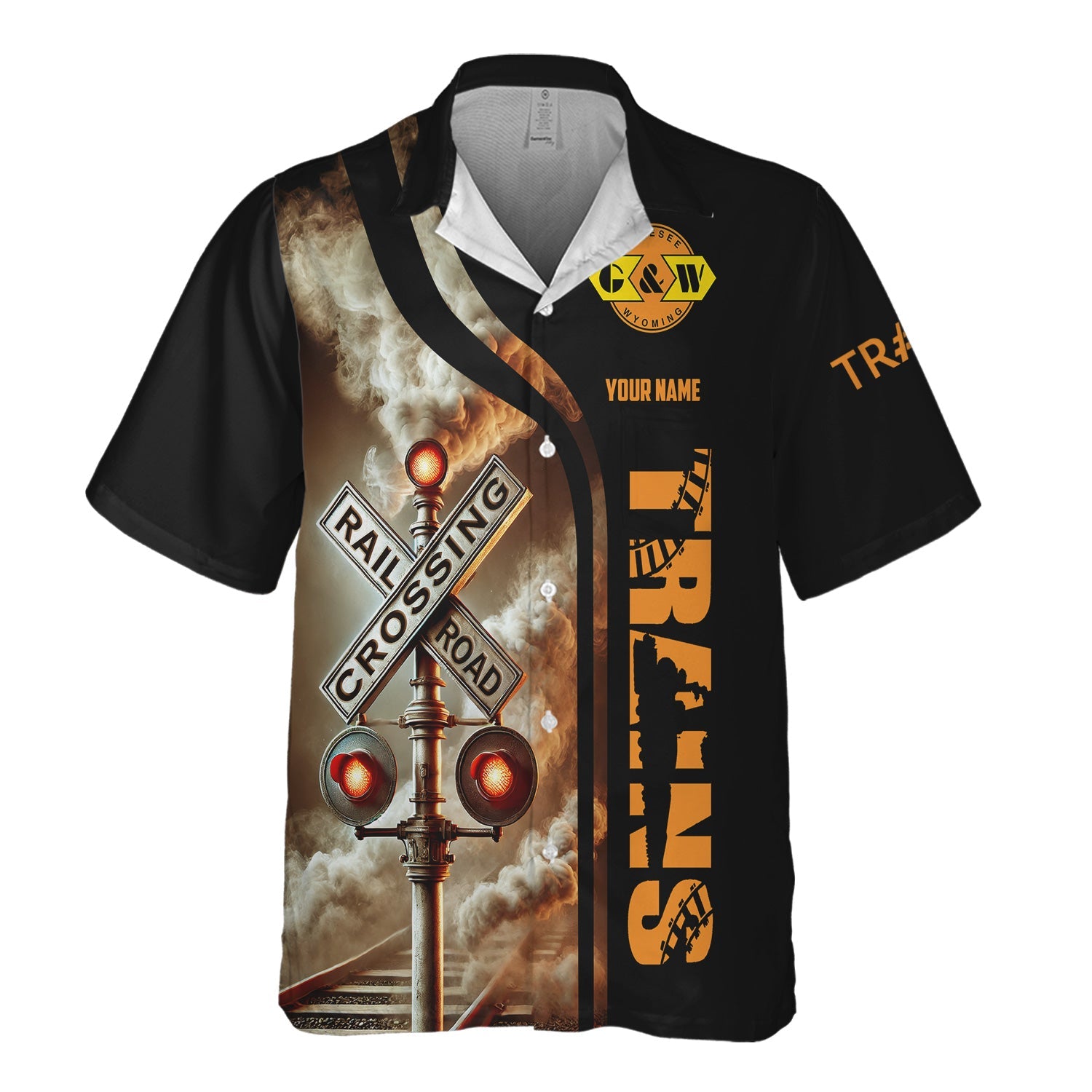 Railspirit Custom Name Genesee & Wyoming Inc. Railroad Hawaiian Shirt Railroad Crossing Sign Printed Train Shirt