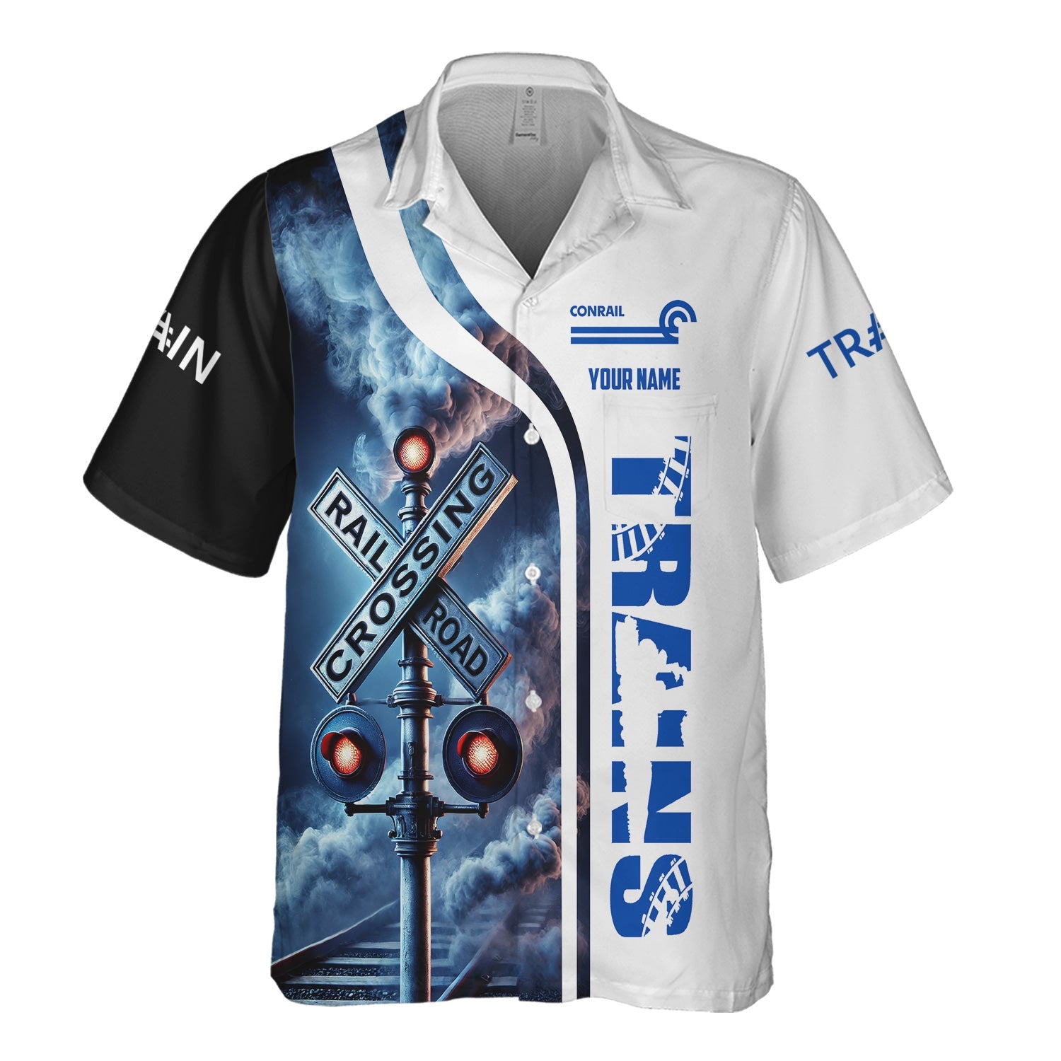 Railspirit Custom Name Conrail Railroad Hawaiian Shirt Railroad Crossing Sign Printed Train Shirt