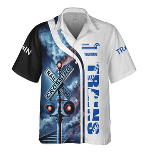 Railspirit Custom Name Conrail Railroad Hawaiian Shirt Railroad Crossing Sign Printed Train Shirt