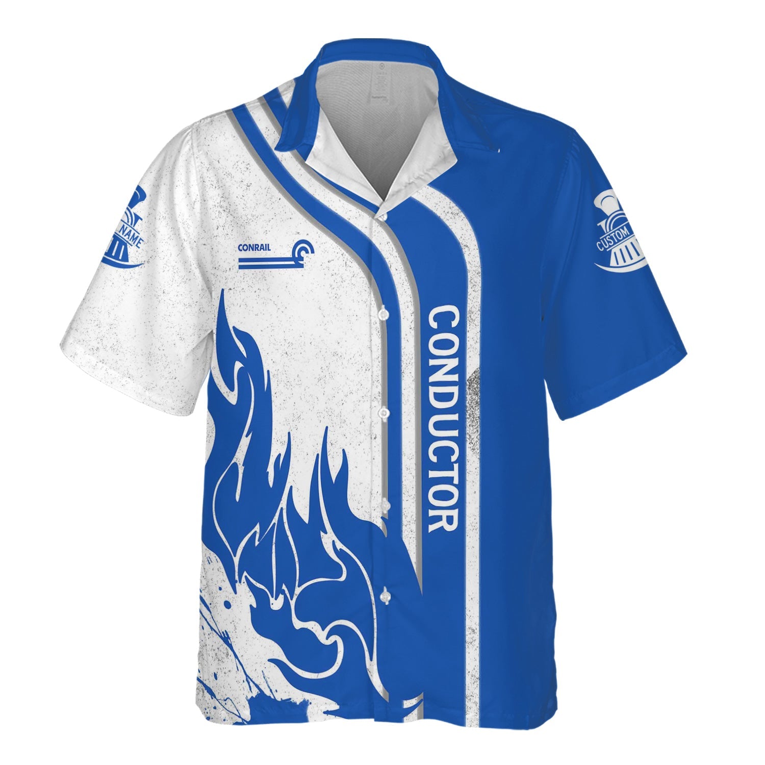 Railspirit Personalized Conrail Railroad Hawaiian Shirt Flame Design with Custom Job Position Train Shirt