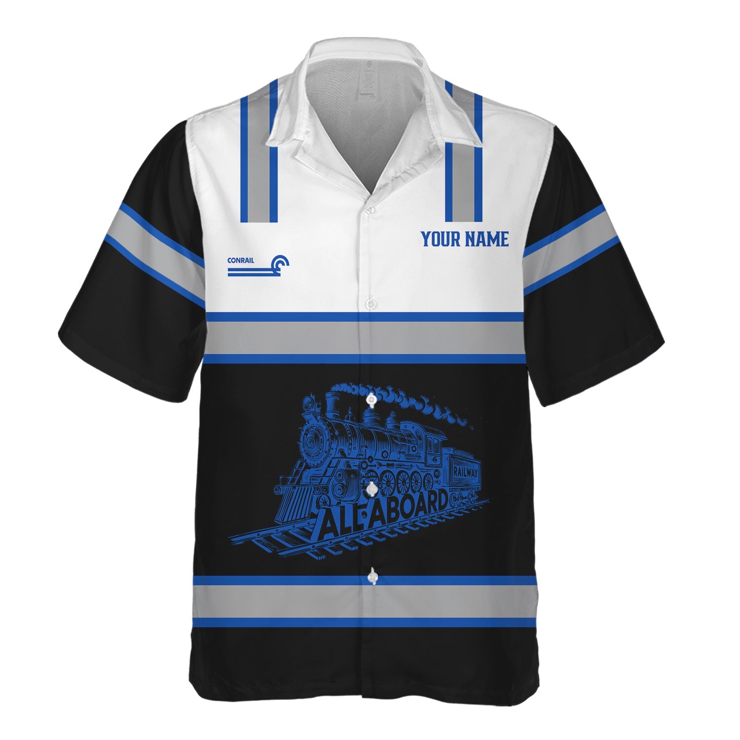 Railspirit Custom Name Conrail Railroad Hawaiian Shirt Eat Train Sleep Repeat Printed Train Shirt