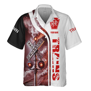 Railspirit Custom Name Pennsylvania Railroad Hawaiian Shirt Railroad Crossing Sign Printed Train Shirt