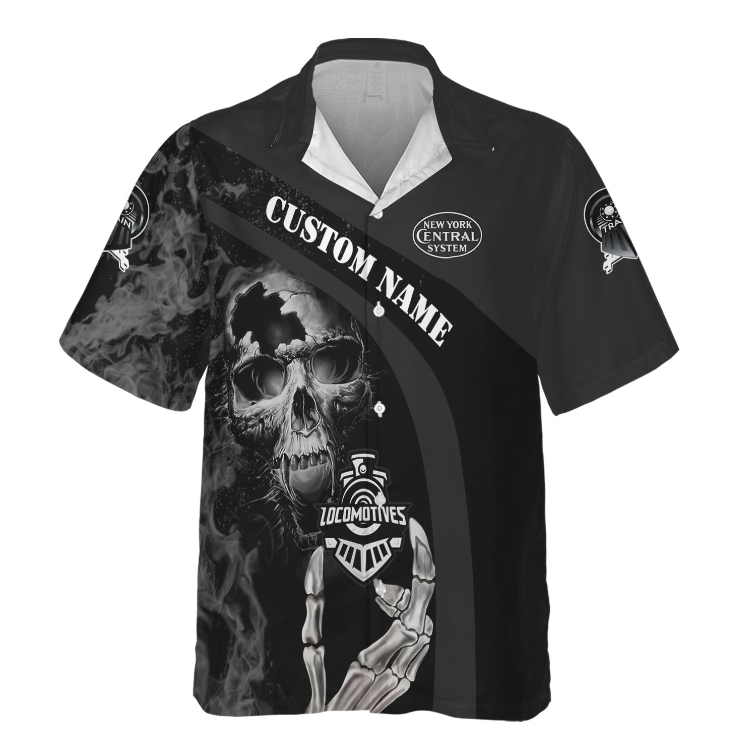 Railspirit Personalized New York Central Railroad Hawaiian Shirt Flame Skull Design Train Shirt for Locomotive Fans